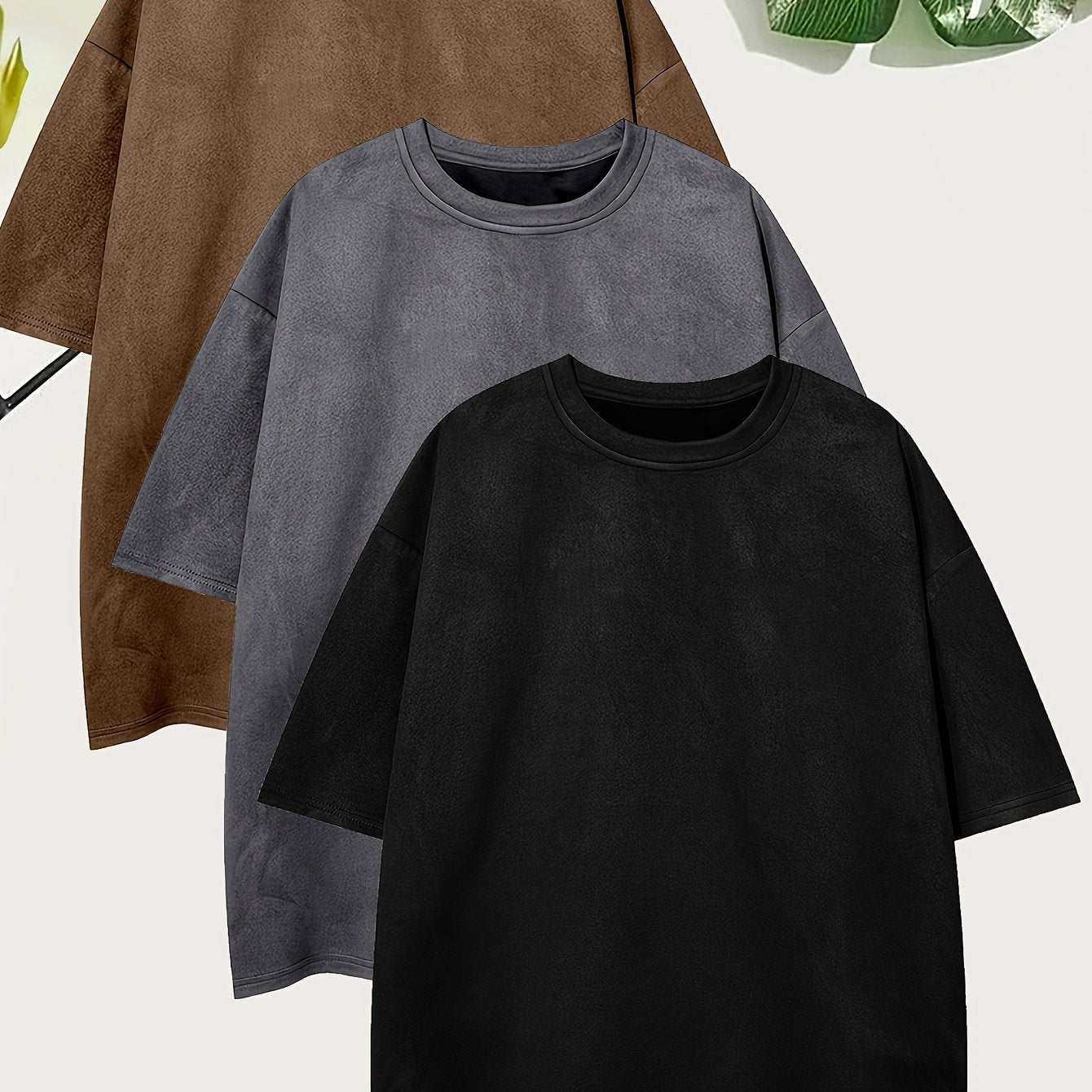Pearson OBM Men'S Casual Loose Solid Color Faux Suede T-Shirt Set of 3, Short-Sleeve Round Neck Comfortable Tops.