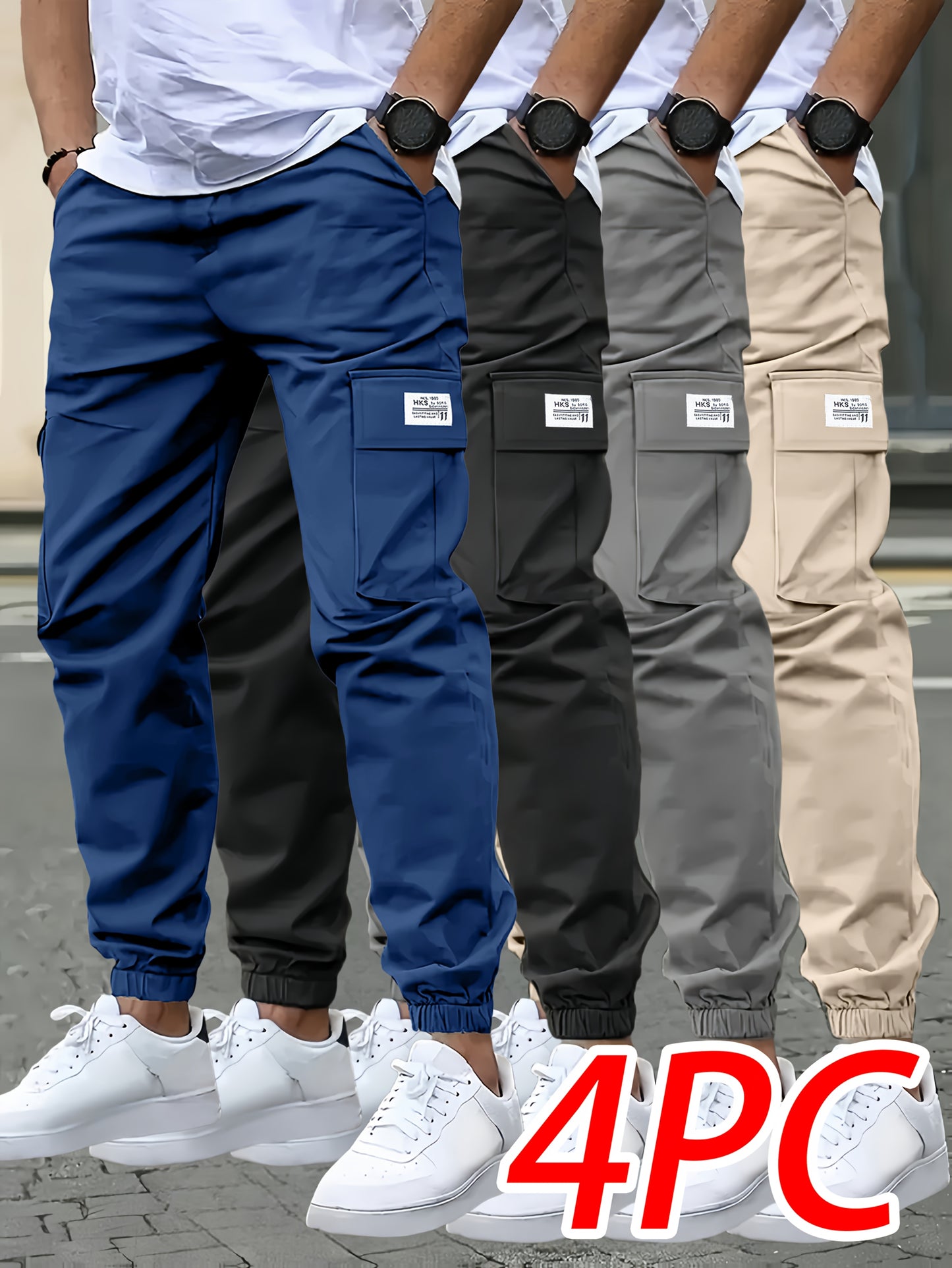 4pcs Pantalons Cargo Homme – Loose Fit, Cordon, Multipoches, Teal/Noir/Gris/Beige, Casual & Outdoor