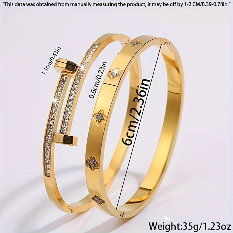 Lot de 2 Bracelets Vintage en Acier Inoxydable – Design Unique, Tendance et Polyvalent, Unisexe, Idéal Quotidien, Voyage, Mariage ou Fête, Avec Strass, Style Original, Plaqué