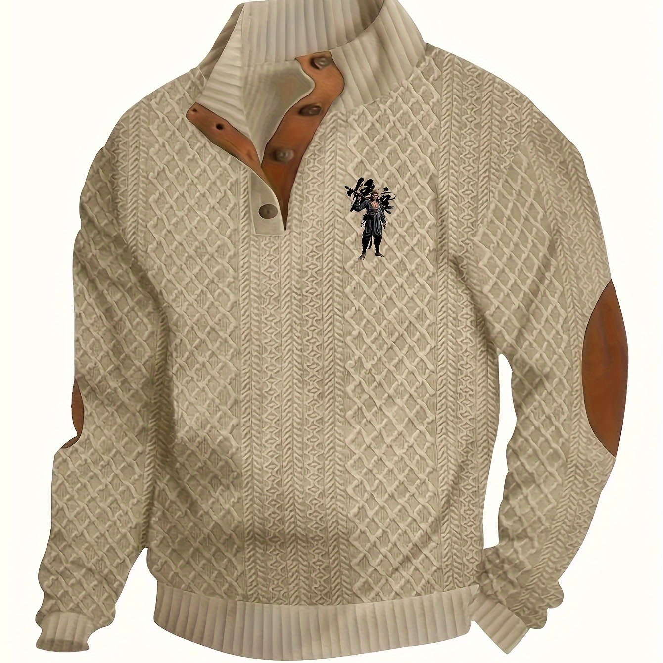 Men's Thermal Fleece-Lined Winter Sweater - Stand Collar Long Sleeve Cable-Knit Pullover with Button Detail, Solid Color Casual Outdoor Wear, Machine Washable, Knit Sweater, Stylish Knitwear, Jacquard Pattern