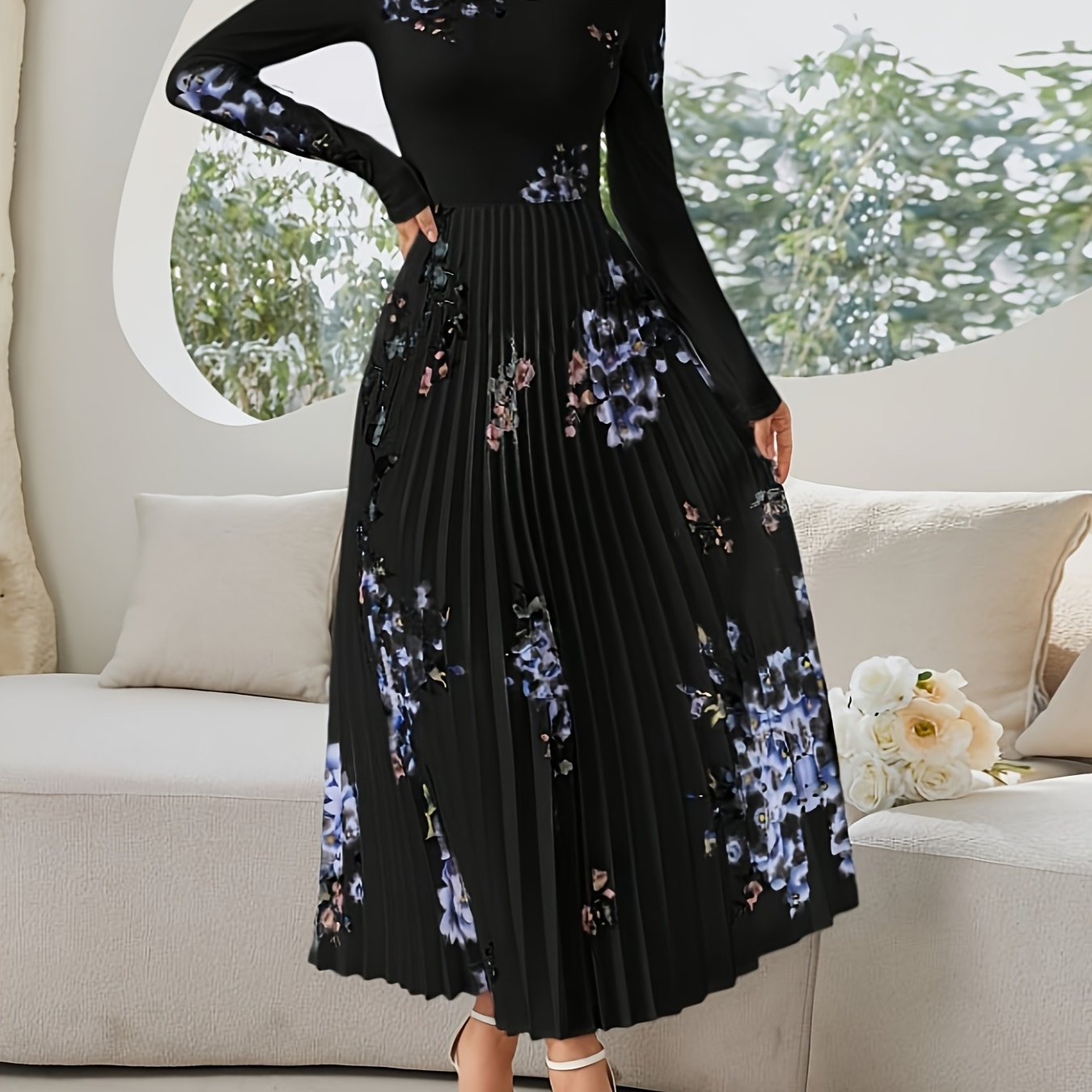 Robe Longue Élégante – Imprimé Floral Noir et Bleu, Col Montant, Manches Bouffantes Longues, Coupe A-Ligne, Idéale Soirées, Mariages et Événements Printemps/Automne, Lavable en Machine