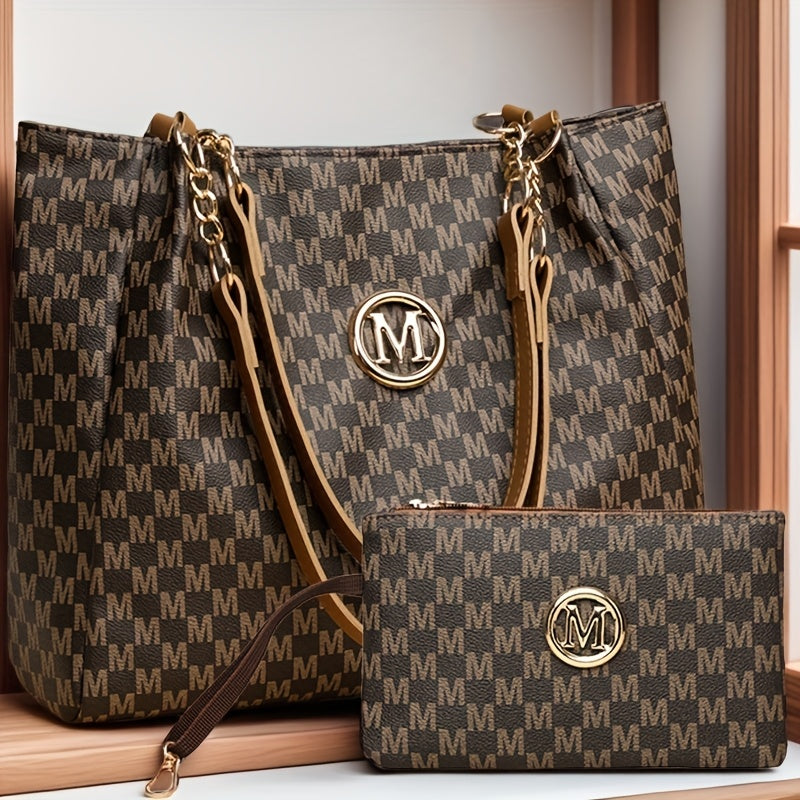 Set de 2 sacs pour femmes – grande capacité, sac fourre-tout et bandoulière, élégant avec ferrures dorées et chaîne, fermeture zippée, bandoulières fixes, brun, polyvalent pour travail, voyage et usage quotidien