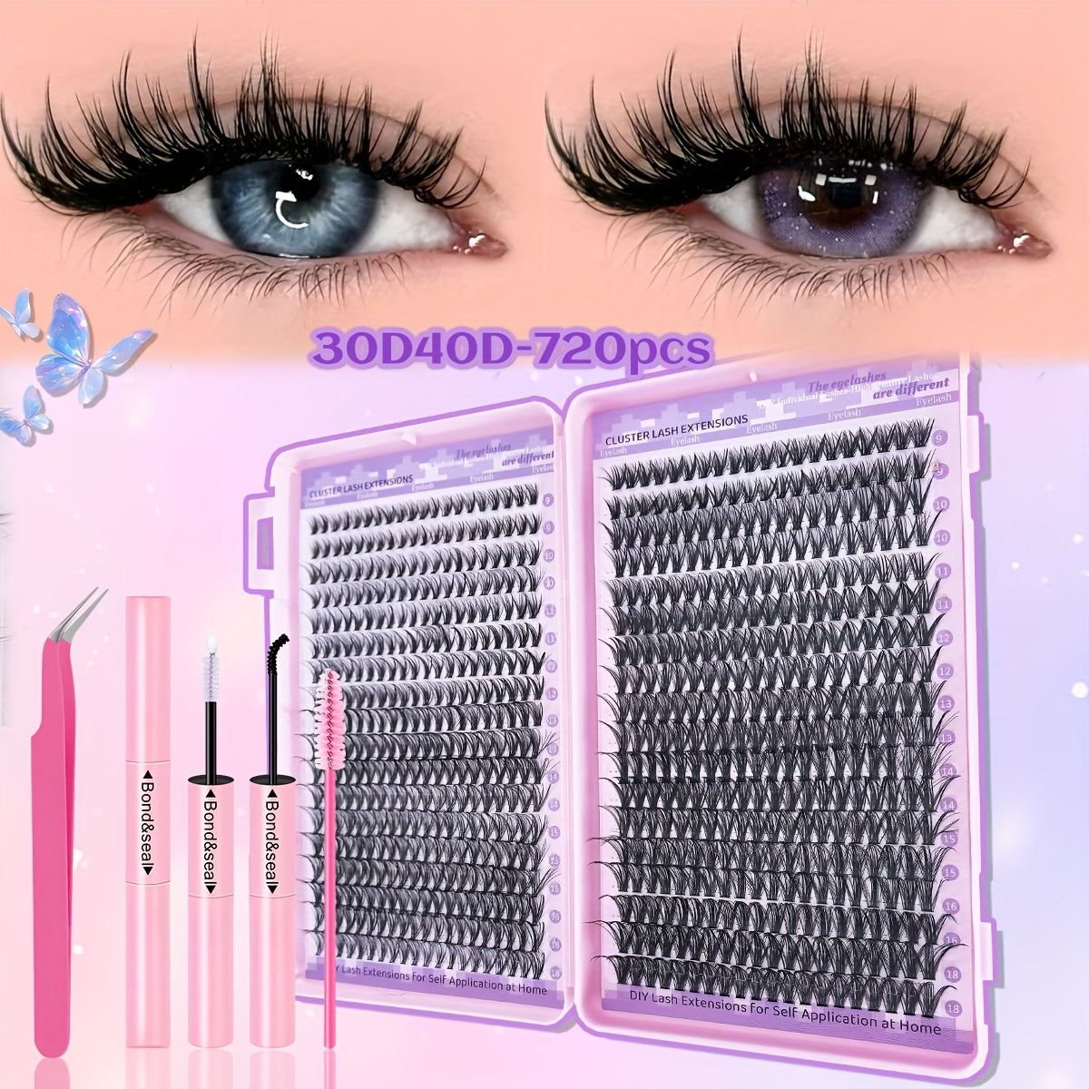 Set Extensions de Cils DIY 400/720 pcs — Paquets de Cils Individuels, Longueurs Mixtes 9-18 mm, 30D/40D, Inclus Colle et Pince à Cils, Idéal Débutants, Coffret Cadeau Raffiné, Parfait pour Nouvel An, Saint-Valentin et Cadeaux Élégants