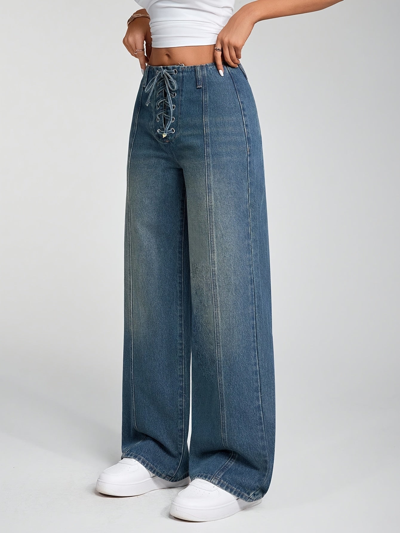 Jeans Femme Élégant Taille Haute Jambe Droite Bleu Clair Ceinture Croisée Sans Extensible Toute Saison Polyvalent Décontracté et Formel