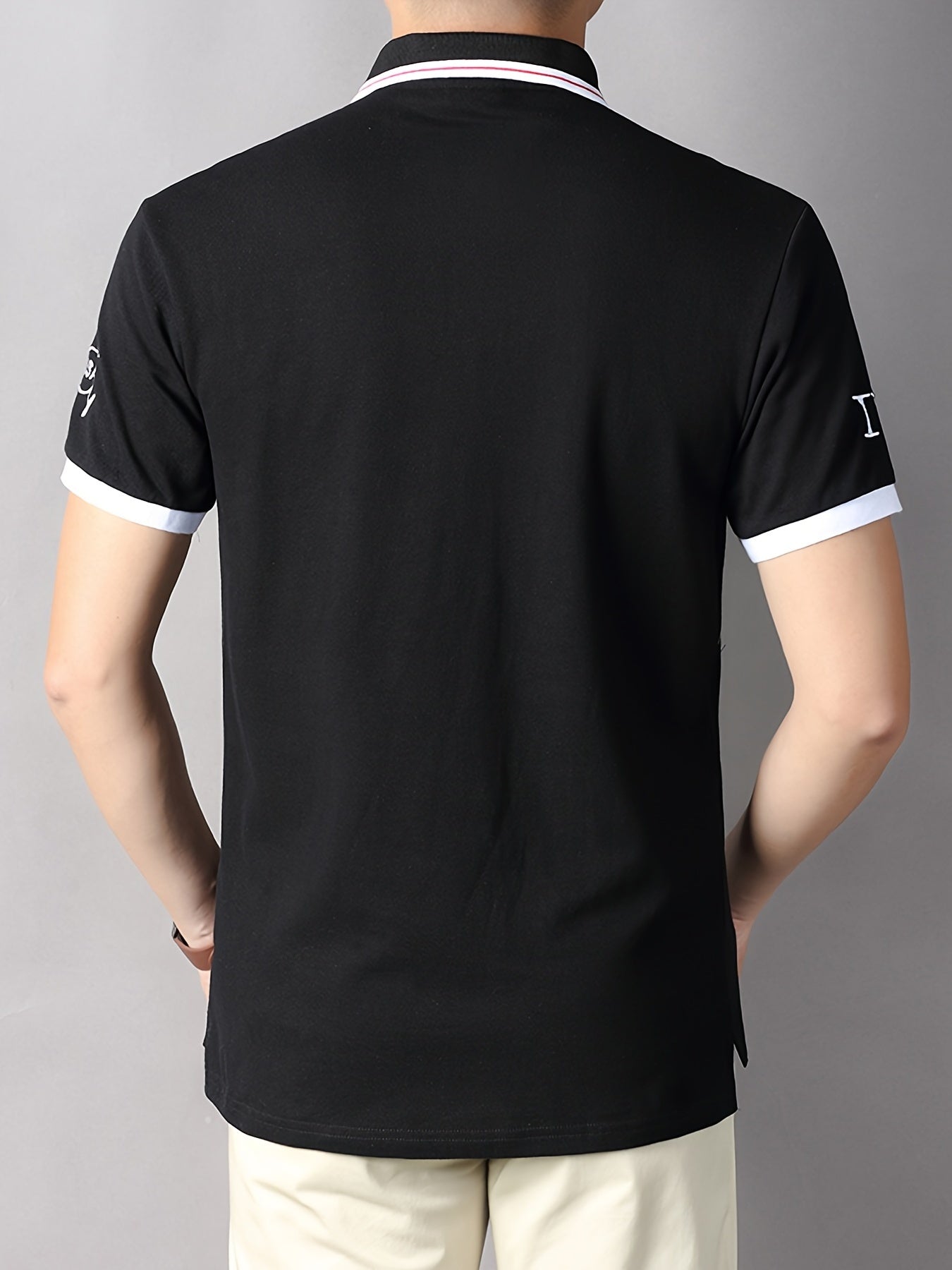 TS Men's Plus Size Slim-Fit Short Sleeve Shirt - 3D USA & New York Lettering Embellishment, Breathable Pure Cotton, Black with White Contrast Collar & Stripe, All-Season Casual & Semi-Formal Wear, Machine Washable Luxury Men'