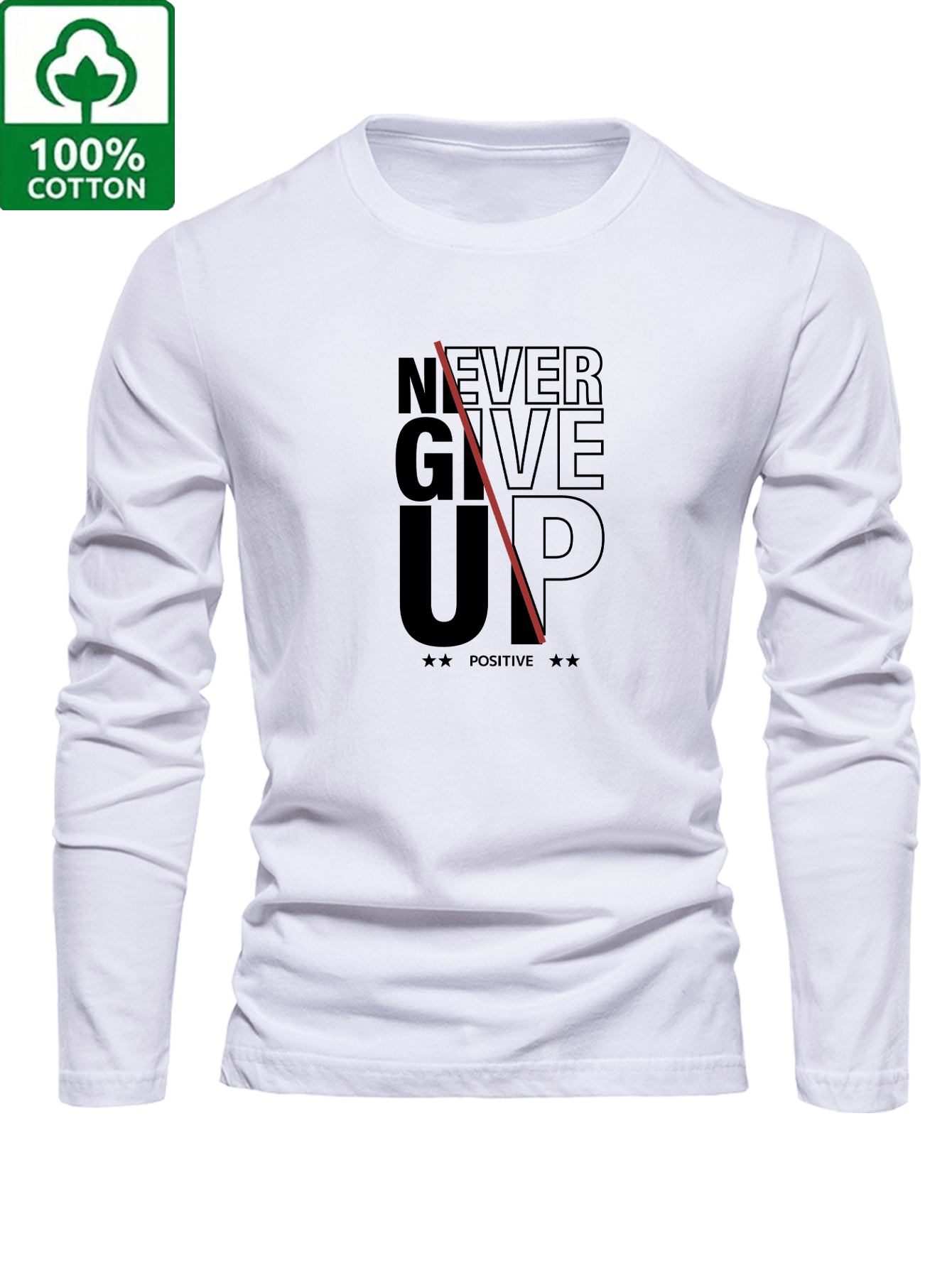 Men's 100% Cotton Oversized Long Sleeve T-Shirt with Never Give Up Slogan & Text - Motivational Lettering Print Casual Round Neck Top for Spring/Fall, Casual Attire (Grey) - 100% Cotton Fit