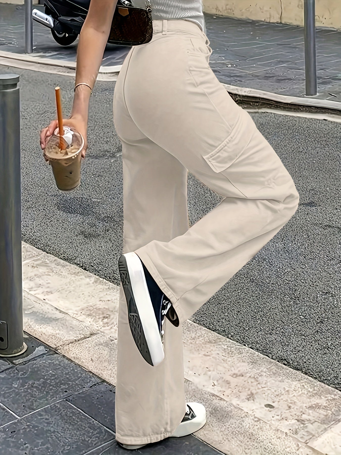 Pantalon Cargo Femme Taille Haute – Jambe Large avec Boutons, Tous Saisons