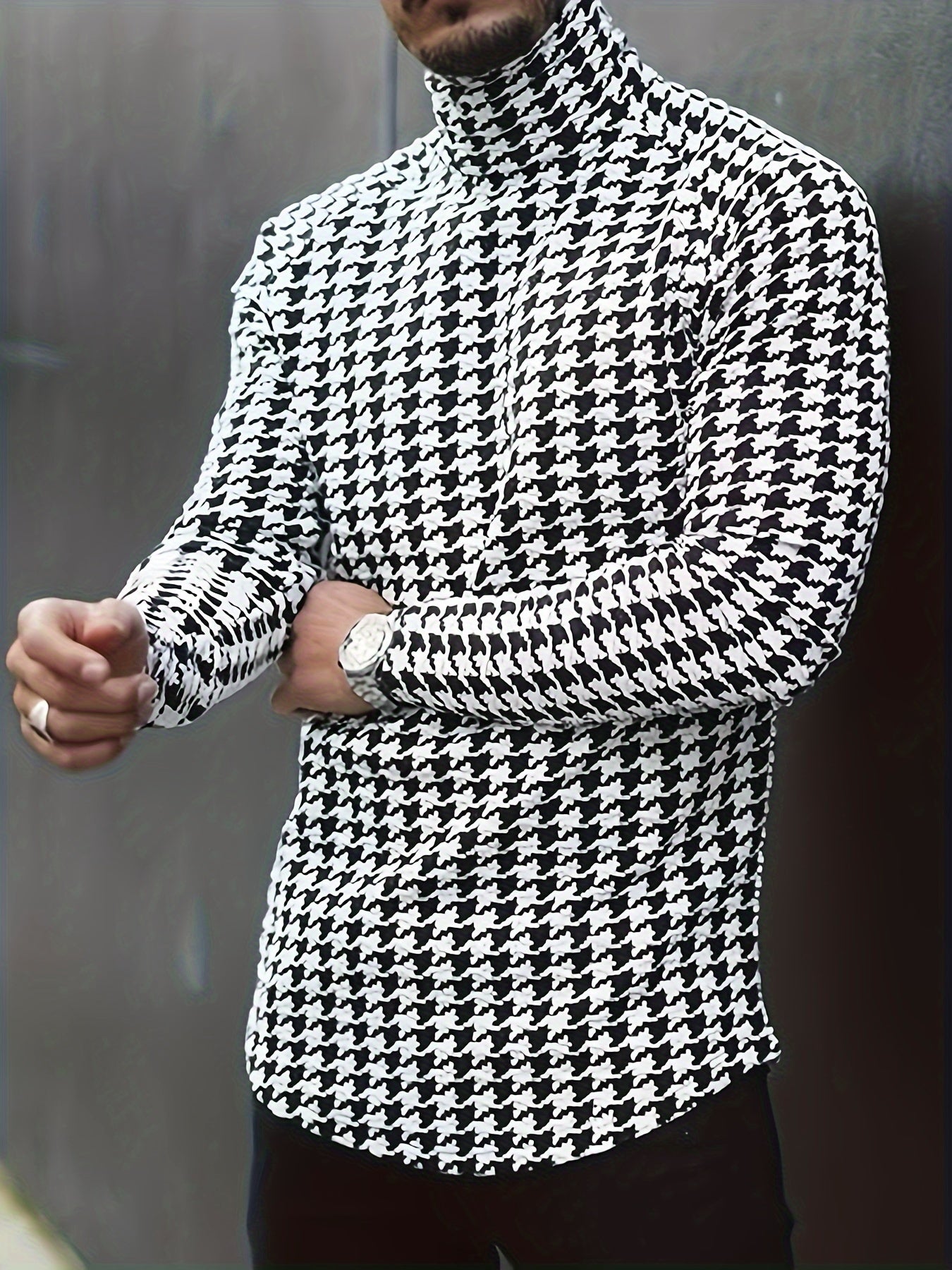 New Autumn-Winter Men's Slim-Fit High-Neck Pullover Long Sleeve Houndstooth Sweater Base Layer, PLUS SIZE
