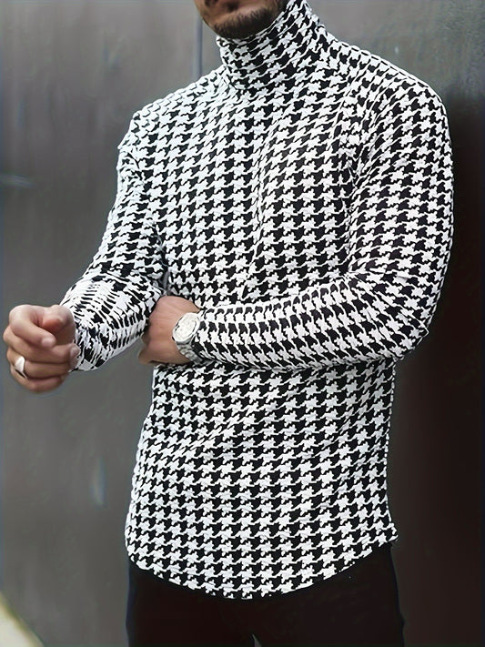 New Autumn-Winter Men's Slim-Fit High-Neck Pullover Long Sleeve Houndstooth Sweater Base Layer, PLUS SIZE
