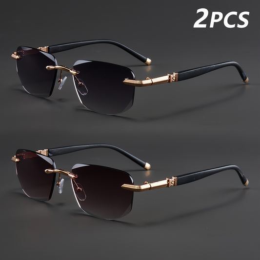 Two Pairs, Bundled Set, Stylish, Men'S, Exquisite, Luxurious, Rimless, Beveled Edge, Reading Glasses, Metal Frame, Options: 100, 150, 200, 250, 300, 350, And 400 Degrees, Without Battery, Christmas Gifts