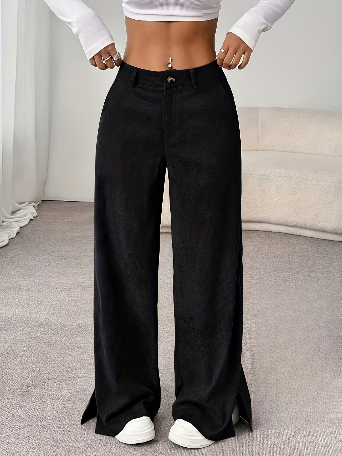 Pantalon Femme Décontracté Jambe Large – Poches Latérales, Tous Saisons, Bureau et Décontracté