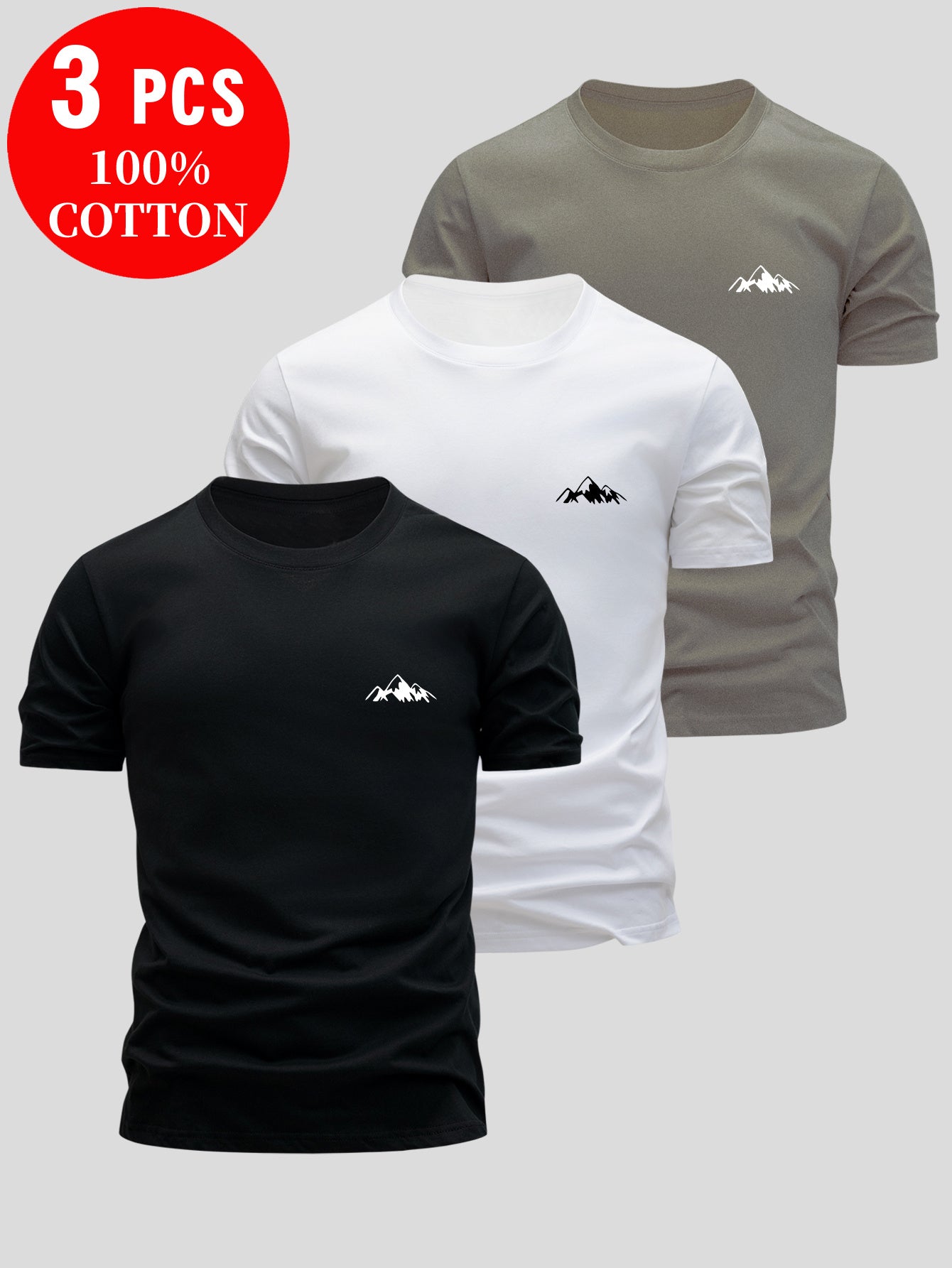 3pcs 's 100% Cotton T-Shirts Slim Fit Short Sleeve Crew Neck - White/Black/Navy Blue with Logo Print ( Grey Logo) - Soft Summer Casual Shirts, Breathable Casual Attire, Minimalist -Inspired Design for Layering & Outfits