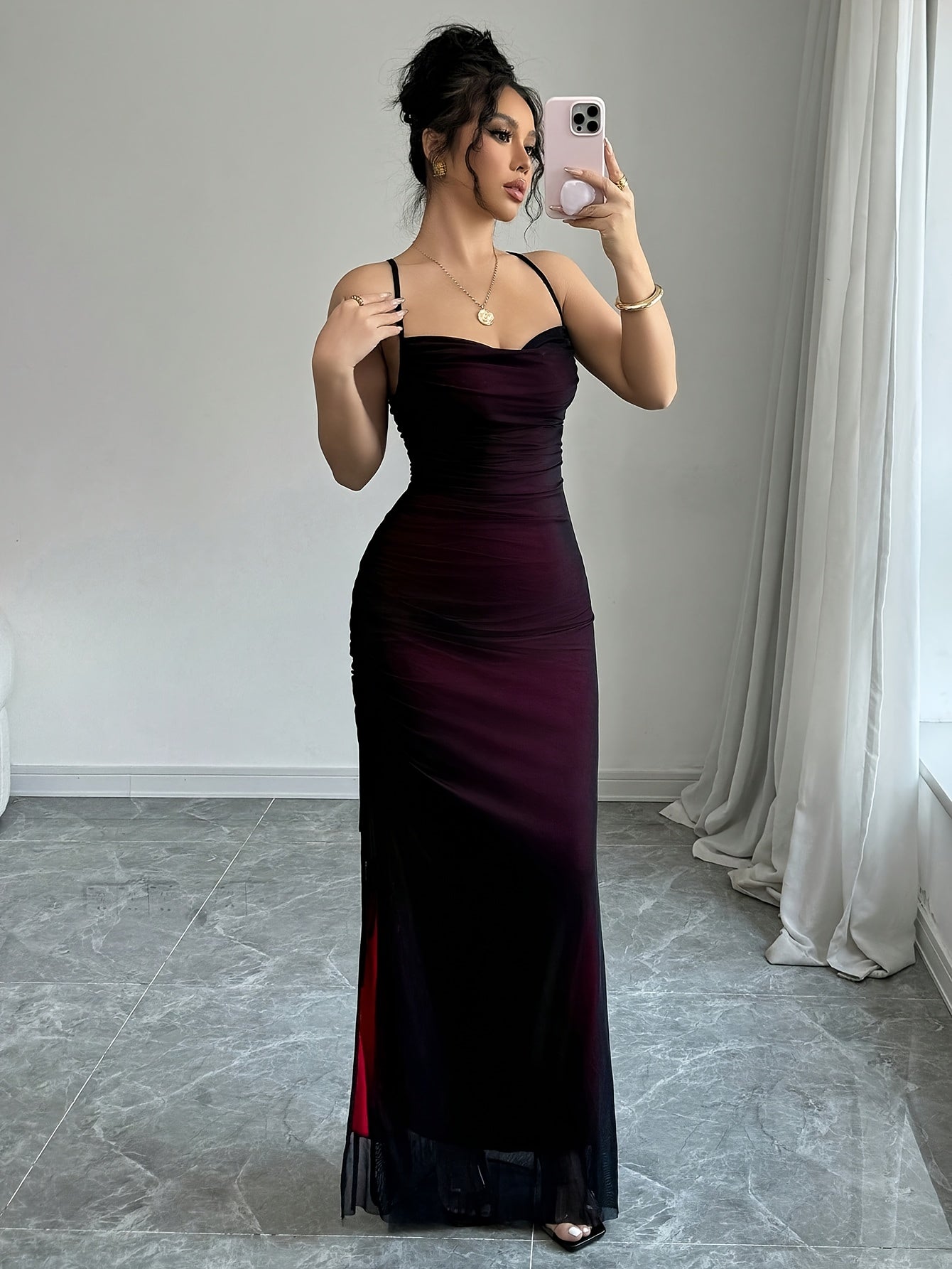 Women's Mesh Panel Cross-Back Long Dress