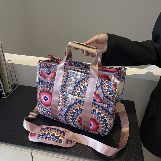 Sac Femme Grande Capacité – Imprimé Tournesol, Cabas et Bandoulière, Bandoulière Longue Ajustable, Matériel Doré, Multi-Compartiments, Tissu Durable pour Travail et Voyage