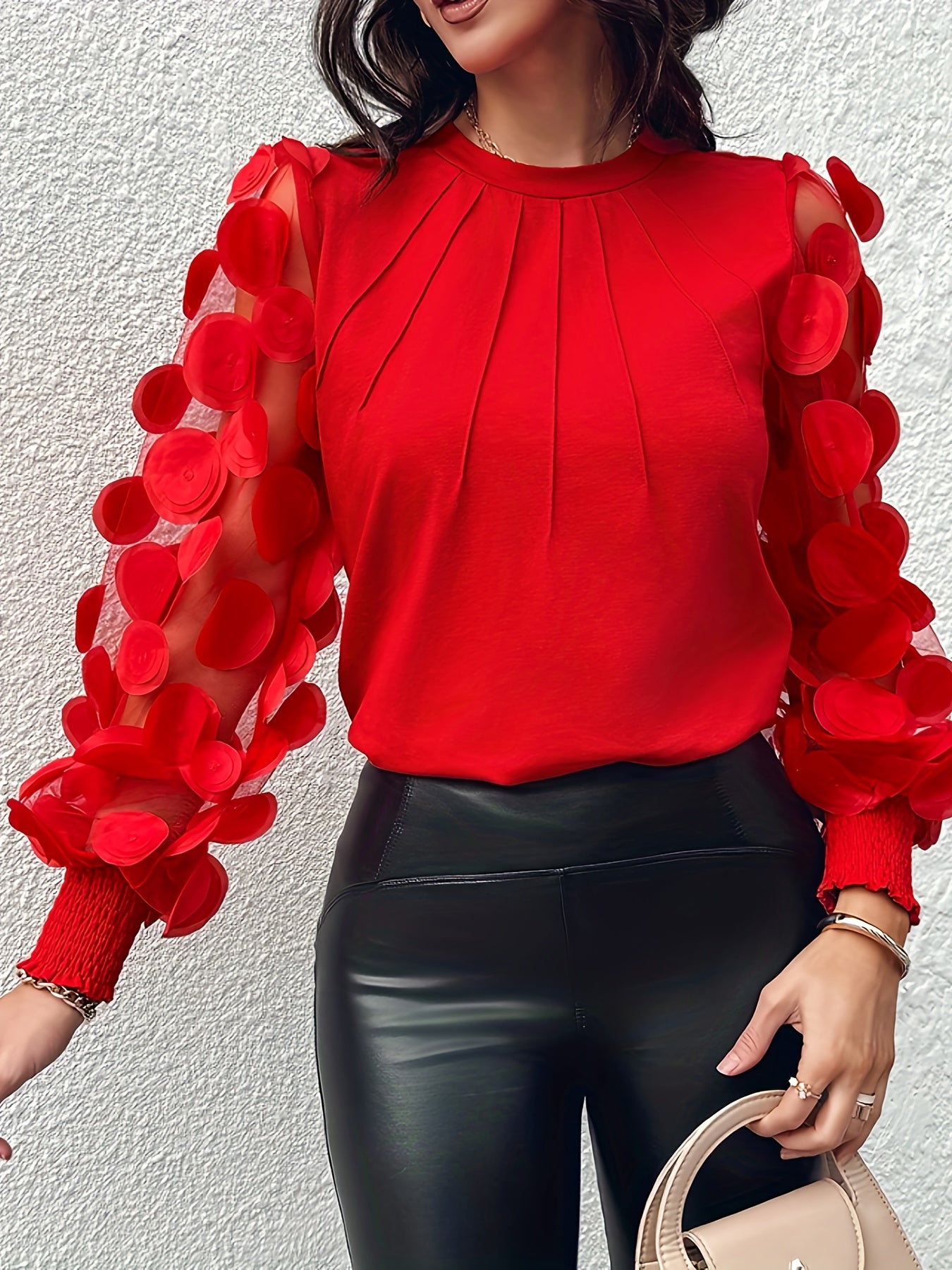 Blouse Y2K rouge à volants en mesh pour femmes, manches longues, col rond élégant avec bordure contrastée, printemps/été/automne