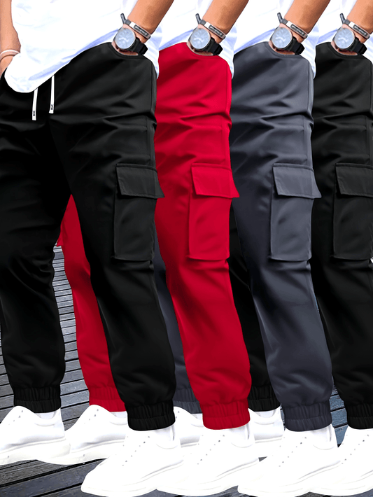 4pcs Pantalons Cargo Homme – Cordon Ajustable, Multipoches, Confort, Tout Saison