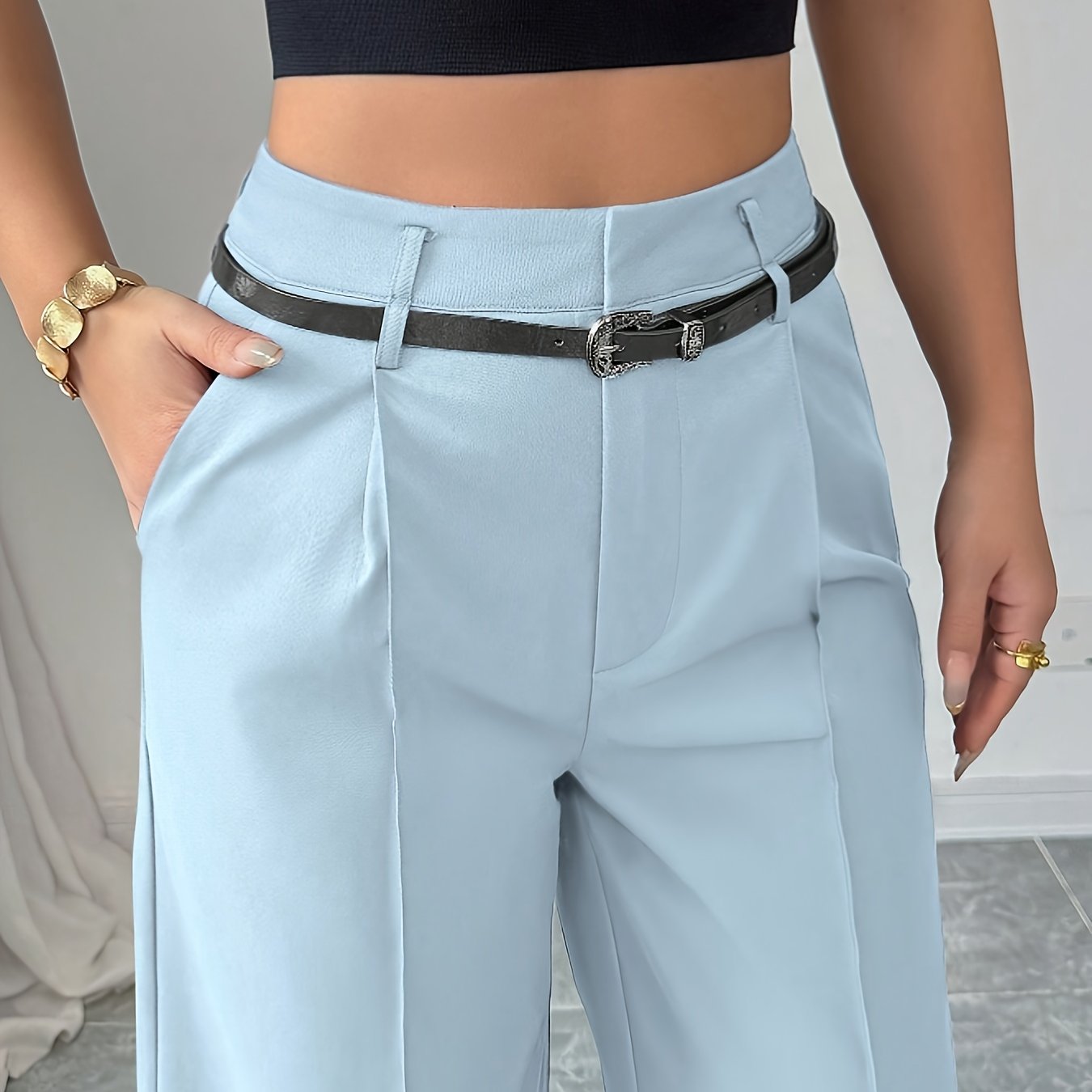 Pantalon Femme Noir Chic – Jambe Droite Taille Haute avec Ceinture Vintage, Bureau et Décontracté, Printemps/Été/Automne