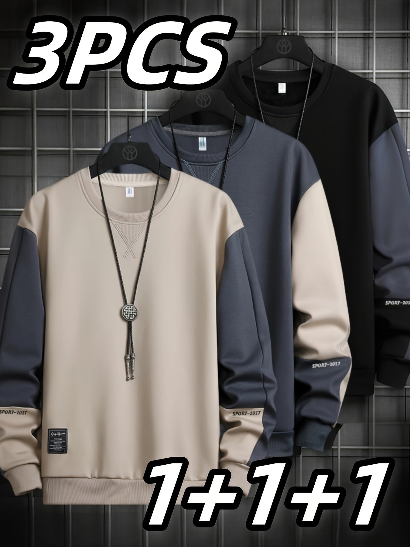 3pcs Sweatshirts Homme Col Rond – Polyester Extensible, Motif Lettre, Beige/Noir