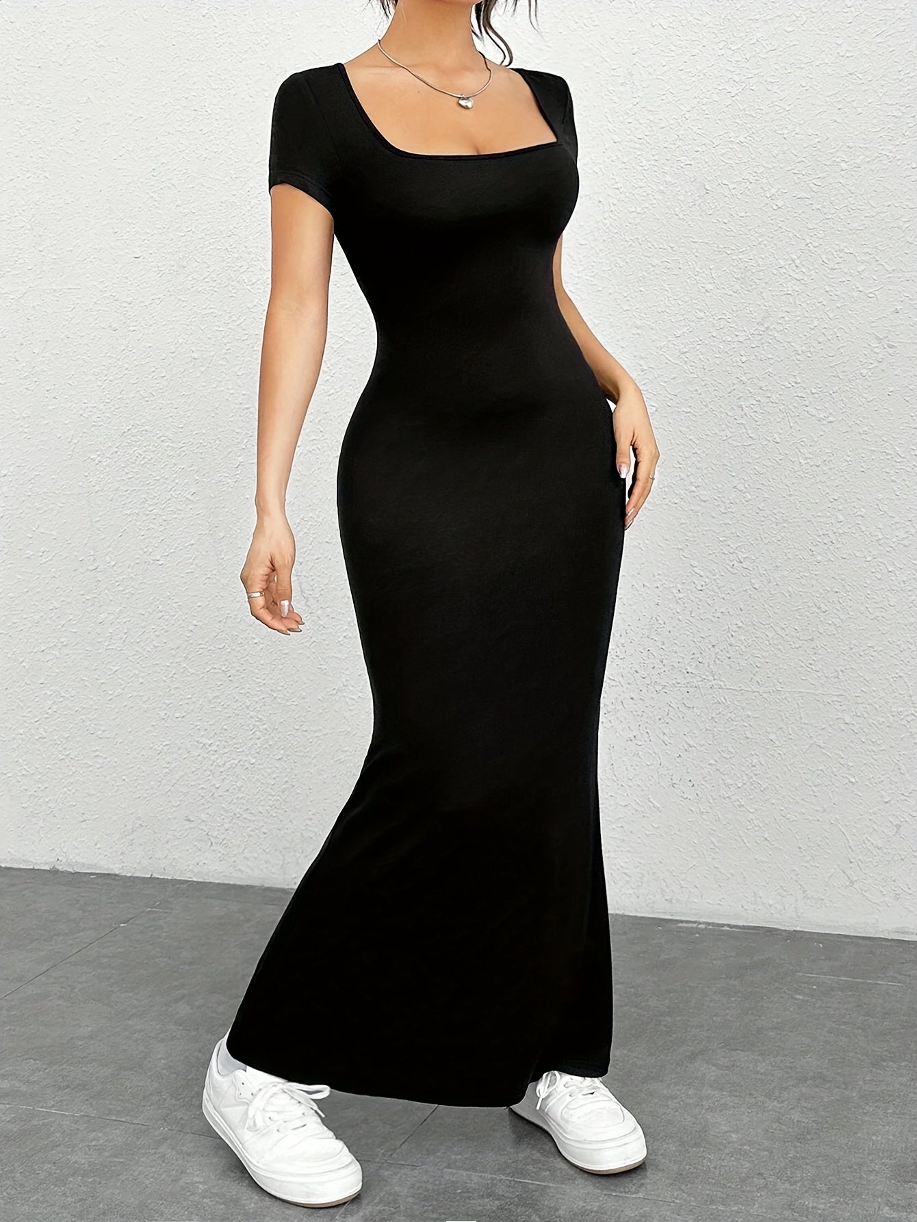 Summer·Oriental Women's Solid Color Square Neck Slim Dress