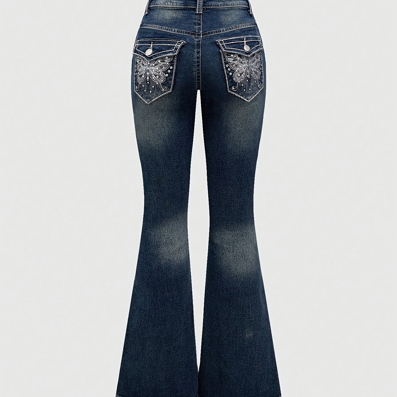 Jeans Femme Évasé Brodé Main Poches Arrière Strass Extensible Toute Saison Élégant Décontracté Lavable Couleur Unie