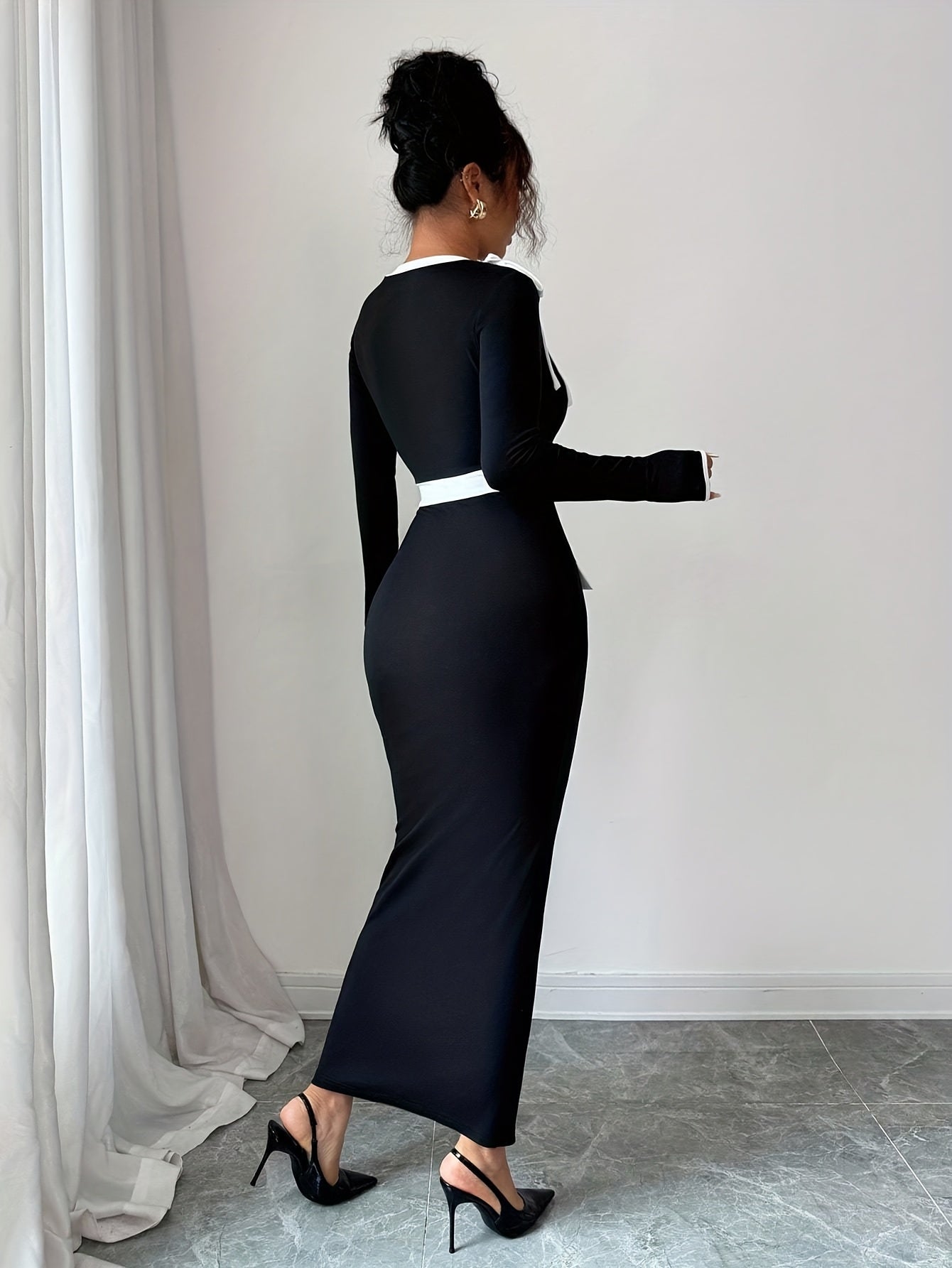 Elegant Fashion New Women'S Long Sleeve Bodycon Dress | Black and White Color Block, Sleek Contour, Crew Neck, Long Length