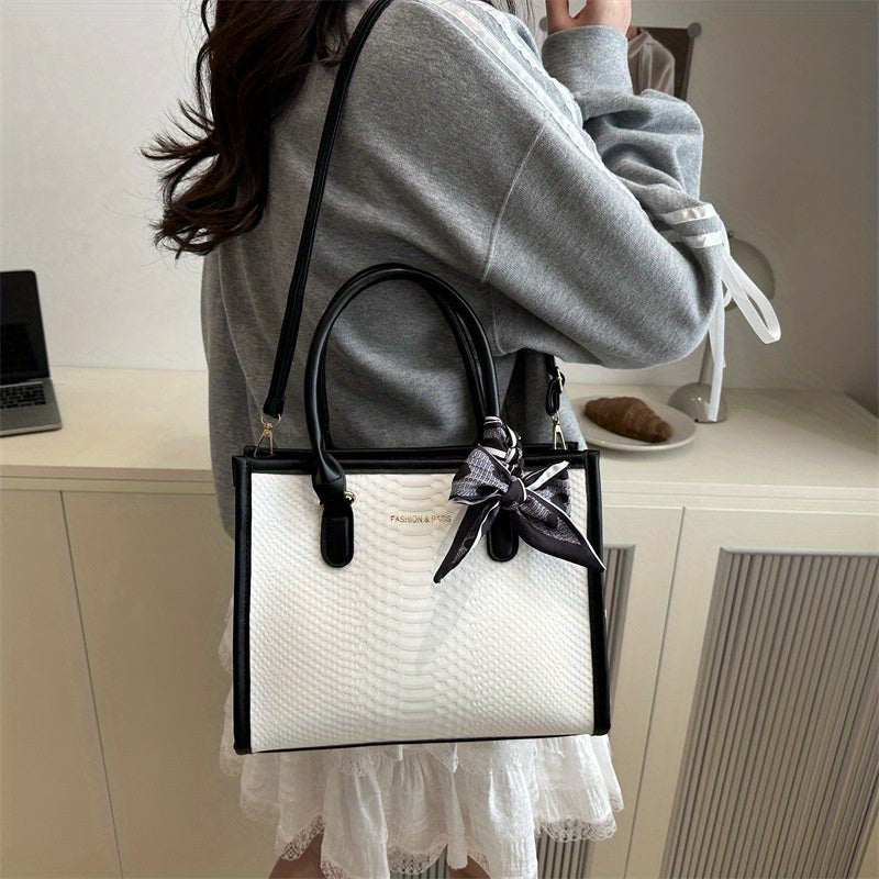 Sac à main grande capacité pour femmes – design bicolore noir et blanc, détails en chaîne et nœud