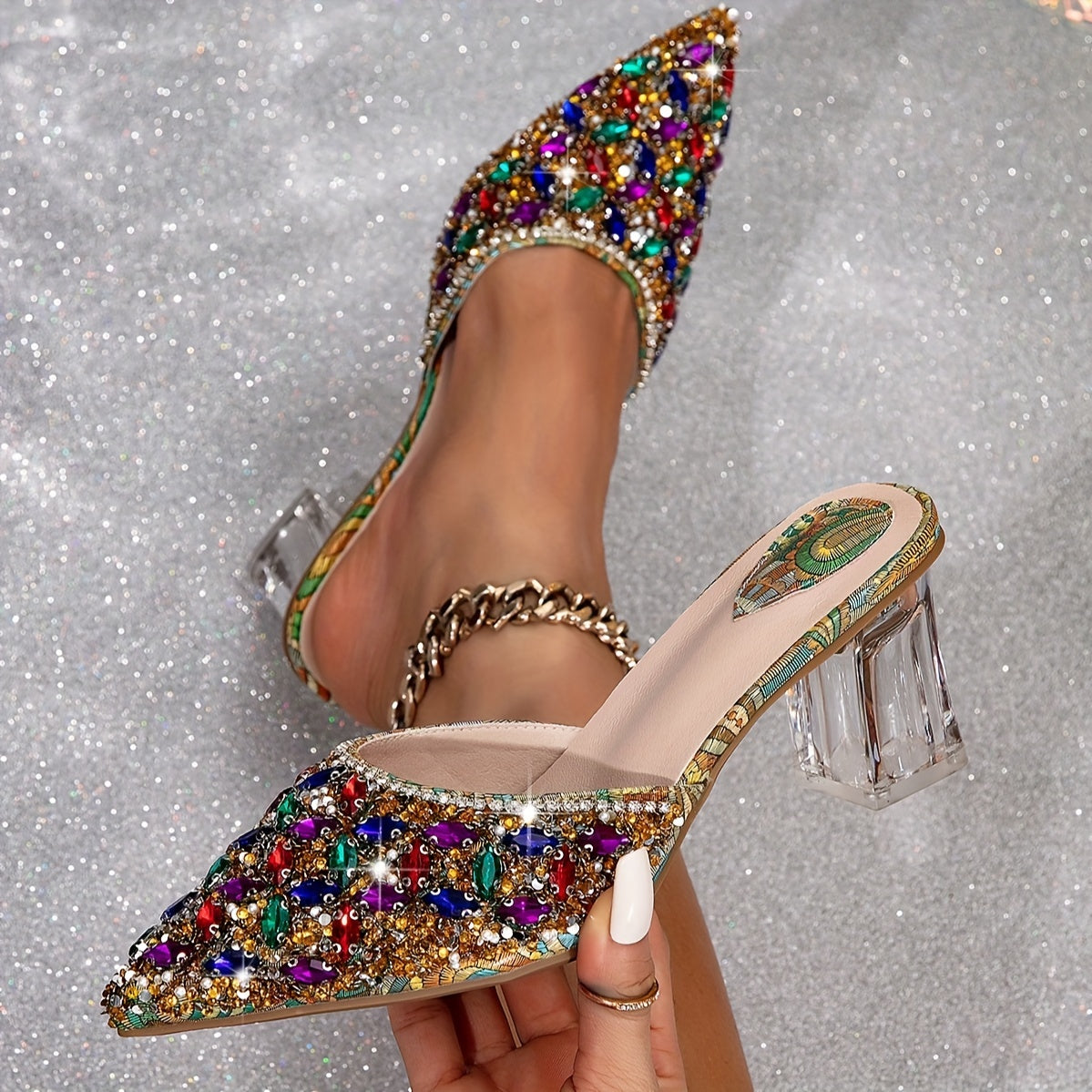 Chaussures à Talons Hauts pour Femme – Bout Pointu, Strass Colorés, Élégantes et Scintillantes, Talon Épais, Légères, Parfaites pour Soirées et Événements Formels