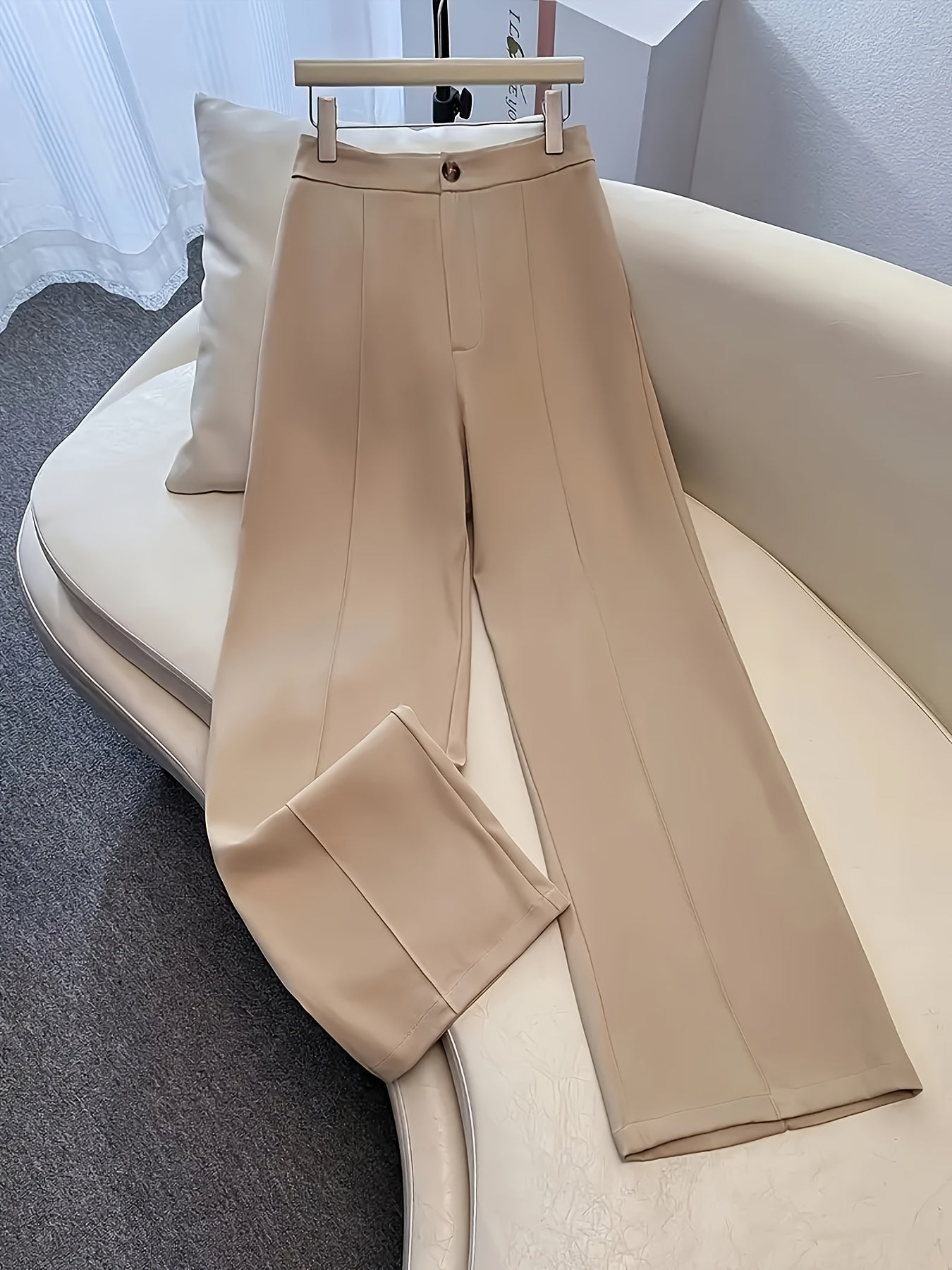 Pantalon Femme Taille Haute – Jambe Large, Extensible, Poches et Fermeture Zippée, Couleur Unie, Tous Saisons
