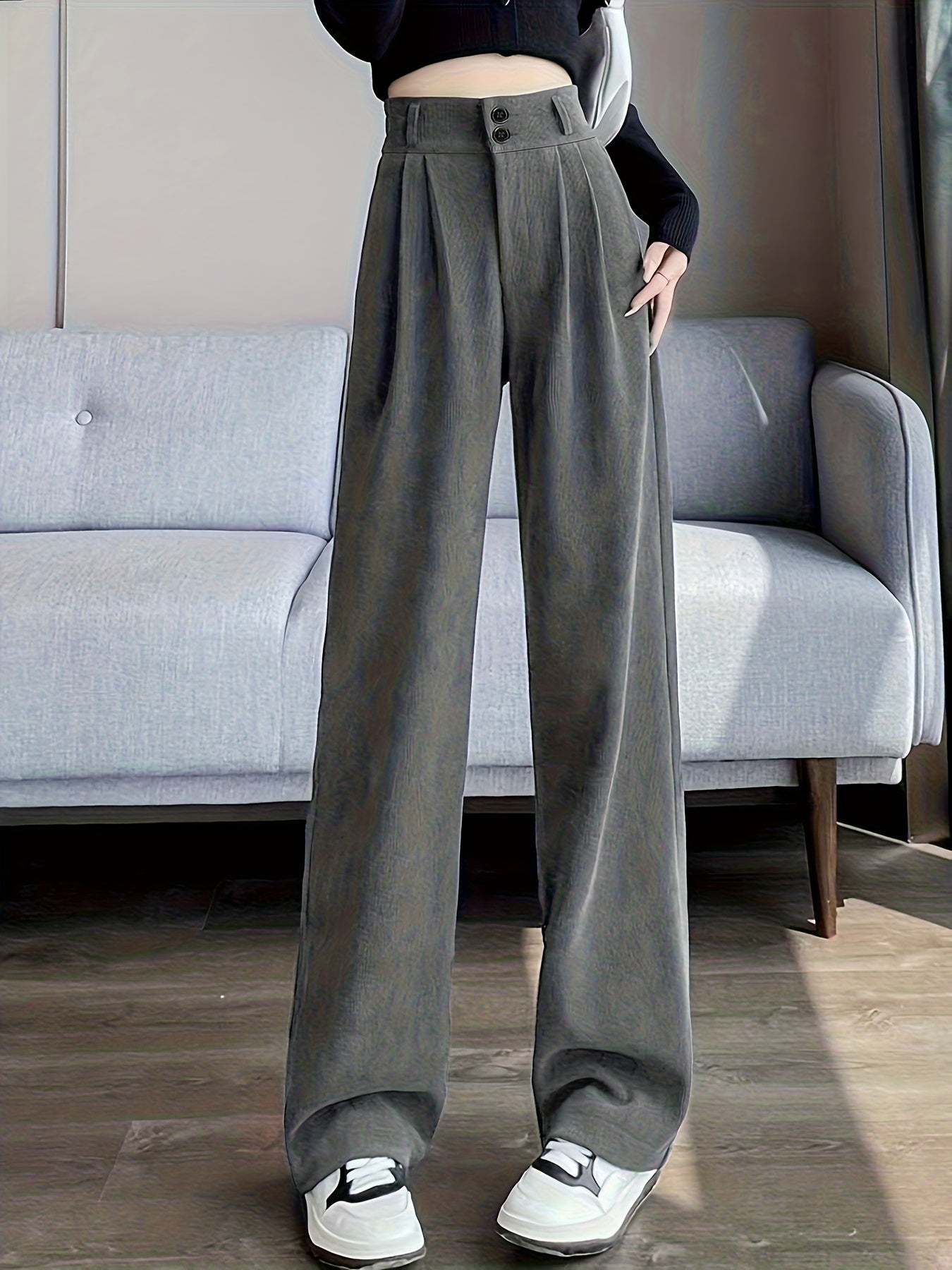 Pantalon Femme Jambe Large – Élégant, Taille Haute, Tissu Non Extensible, Bureau et Décontracté, Automne/Hiver