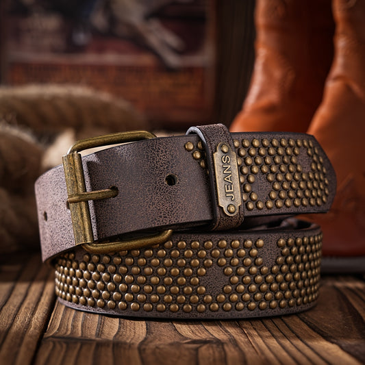 Ceinture BH classique rétro en simili cuir – Design à rivets avec boucle carrée, ceinture réglable unisexe pour hommes et femmes, couleur kaki, taille standard, accessoire de mode unisexe, style vintage