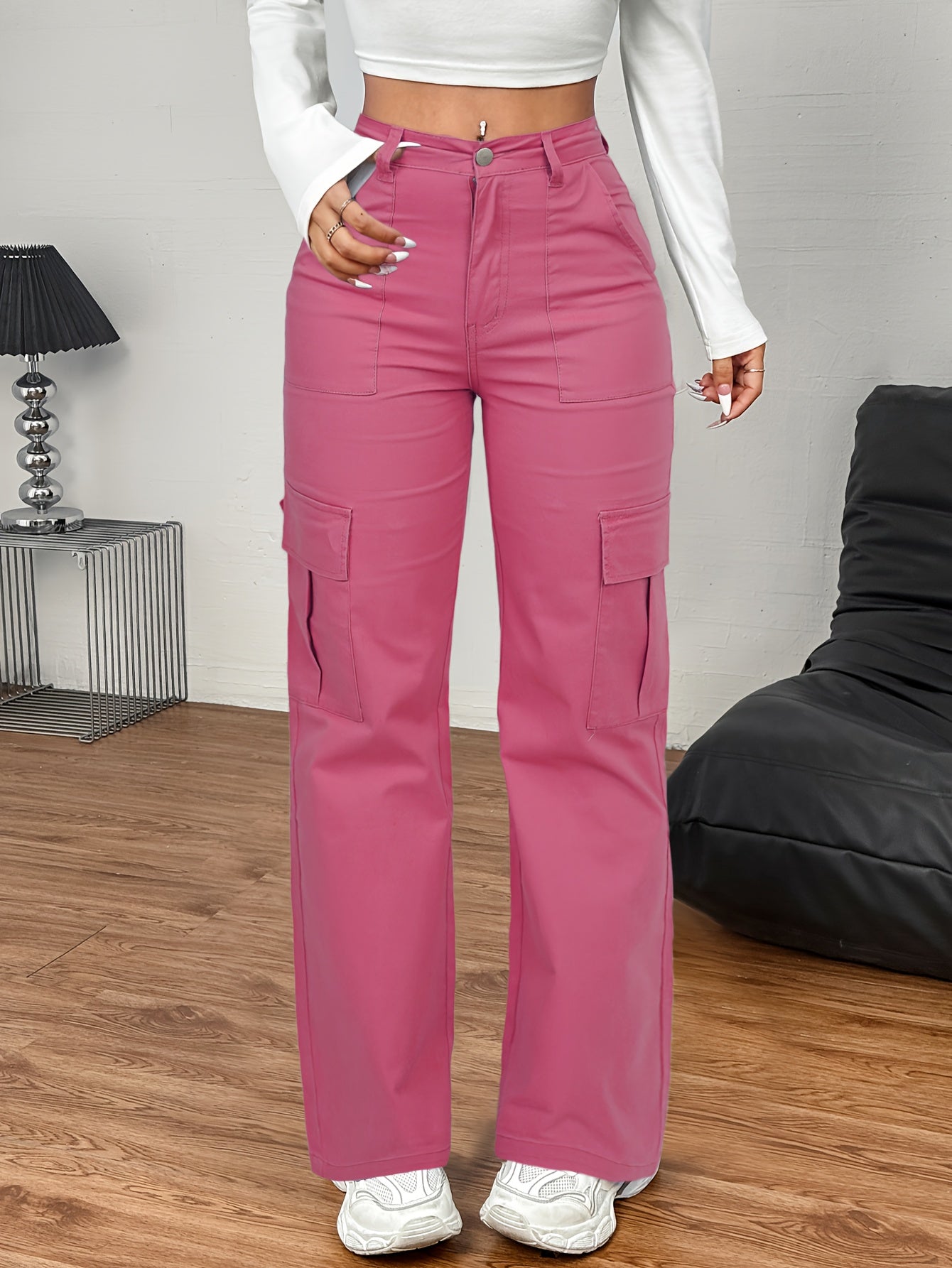 Jeans Cargo Femme – Taille Haute, Beige, Poches Multiples, Jambe Droite, Style Streetwear Hip-Hop