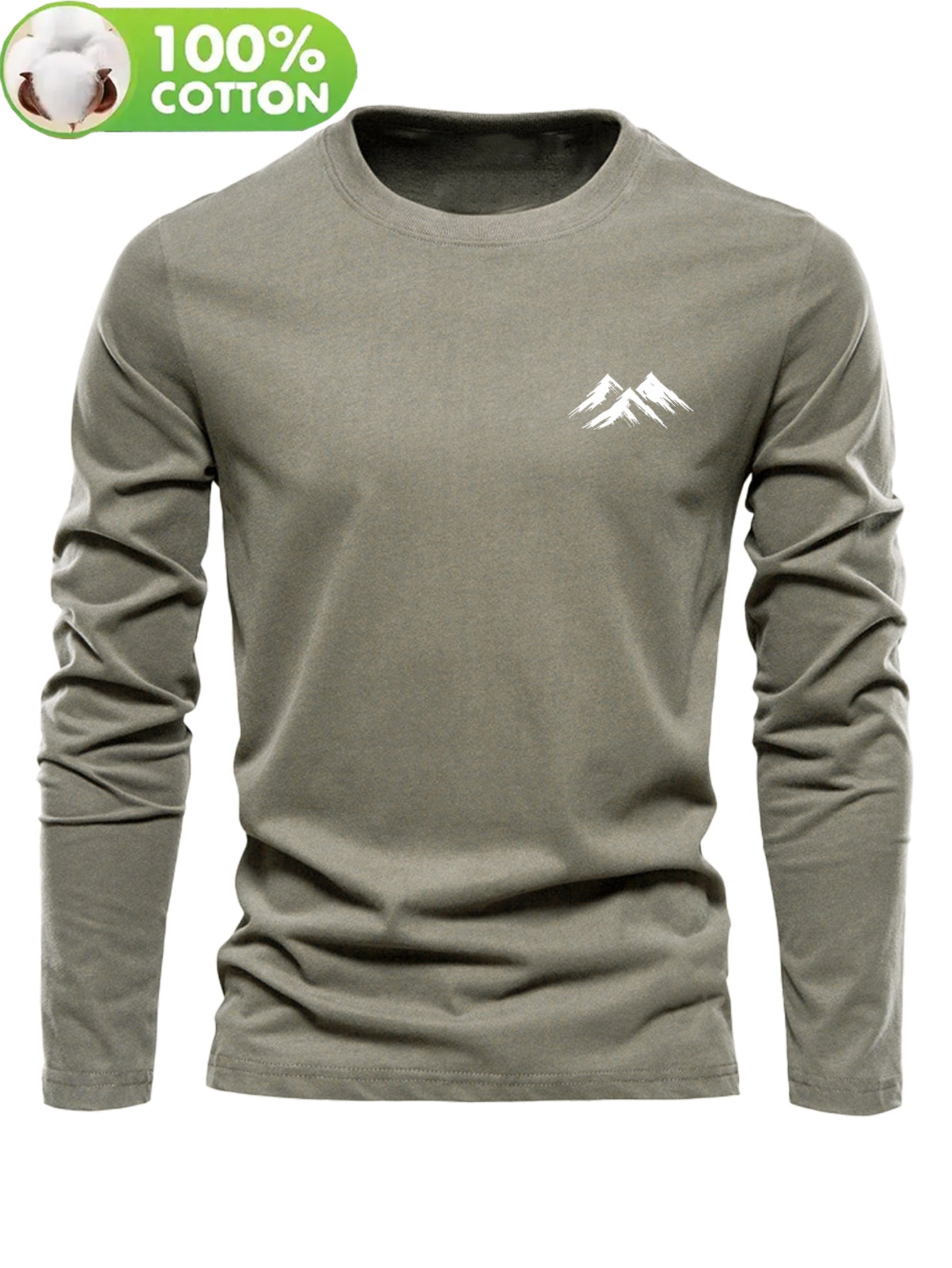 Men's 100% Cotton Long Sleeve T-Shirt with White Mountain Logo Print - Casual Round Neck Pullover, Thick Short-Season Layering Top for & Casual Attire, Spring/Fall Wardrobe Essential (Regular Fit, Hand Washable) - 100% Breath