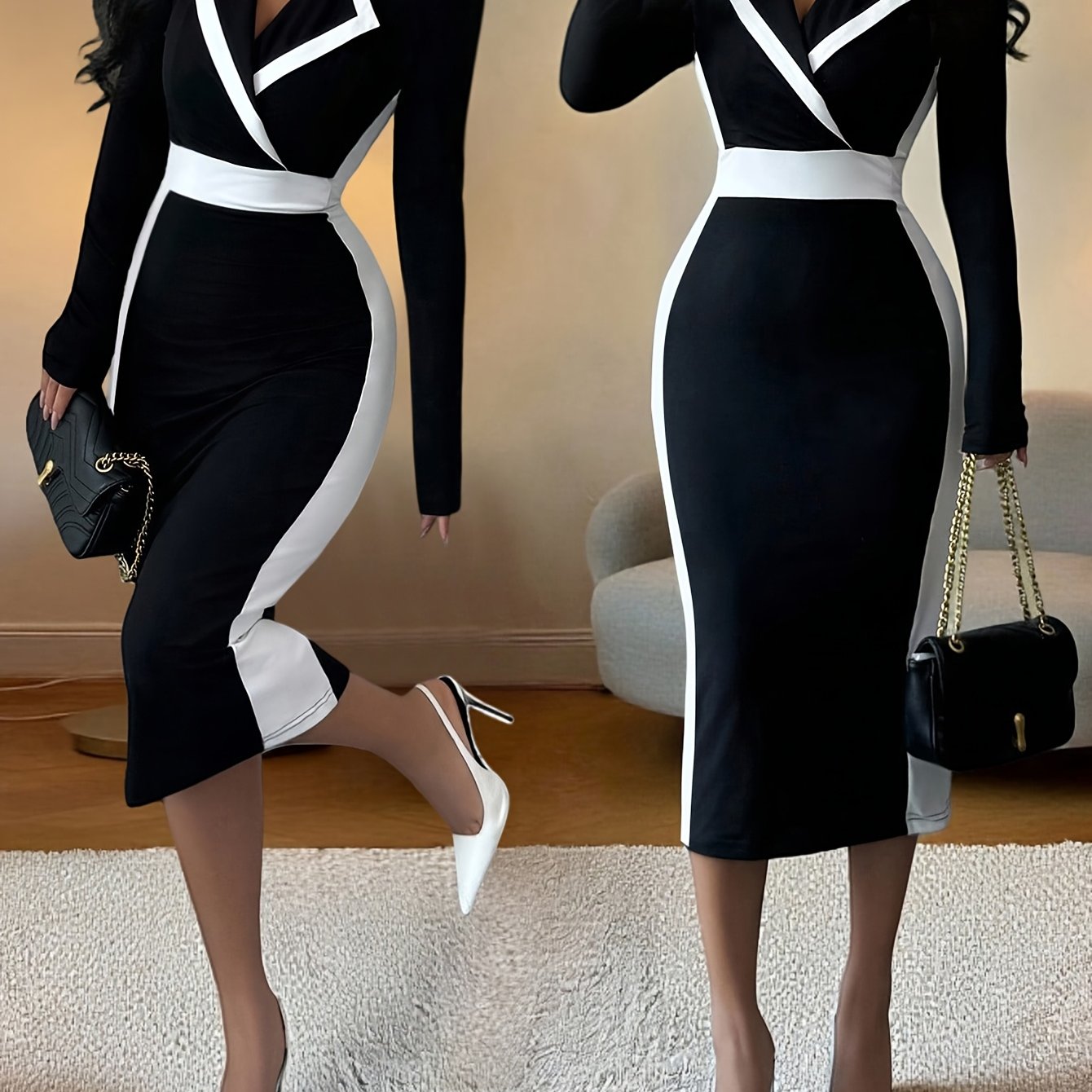Women's Autumn and Winter Contrast Color Fashion Elegant Commuter Party Outing Long Sleeve Dress
