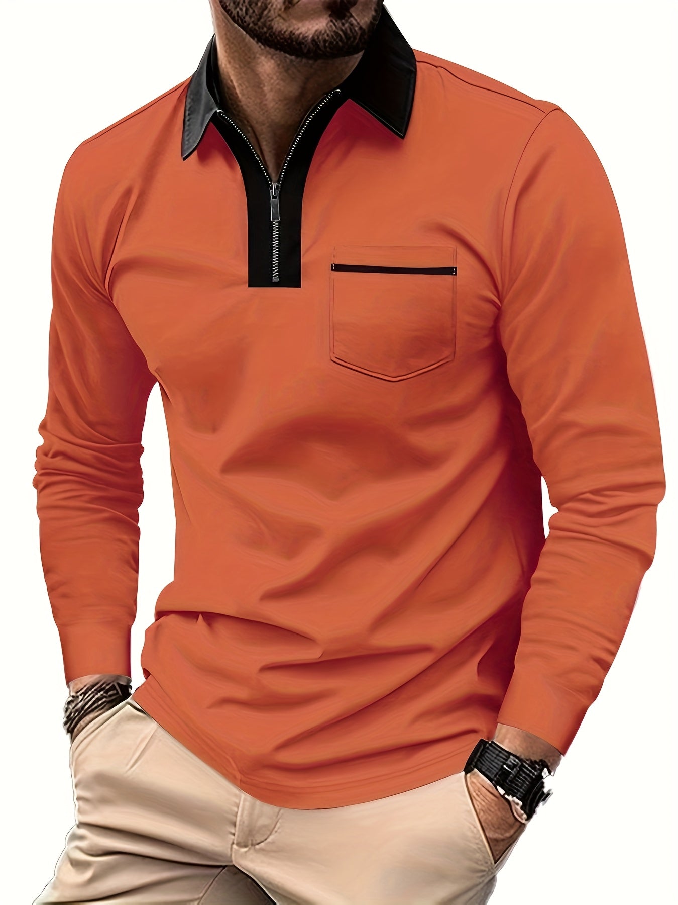 Men'S Light Blue Long Sleeve Polo Shirt with Zipper Collar & Chest Pocket - Casual Button-Up Shirt for Spring/Fall, Regular Fit, Solid Color, Spring Fall Apparel | Zipper Collar Shirt | Slight Stretch Fabric