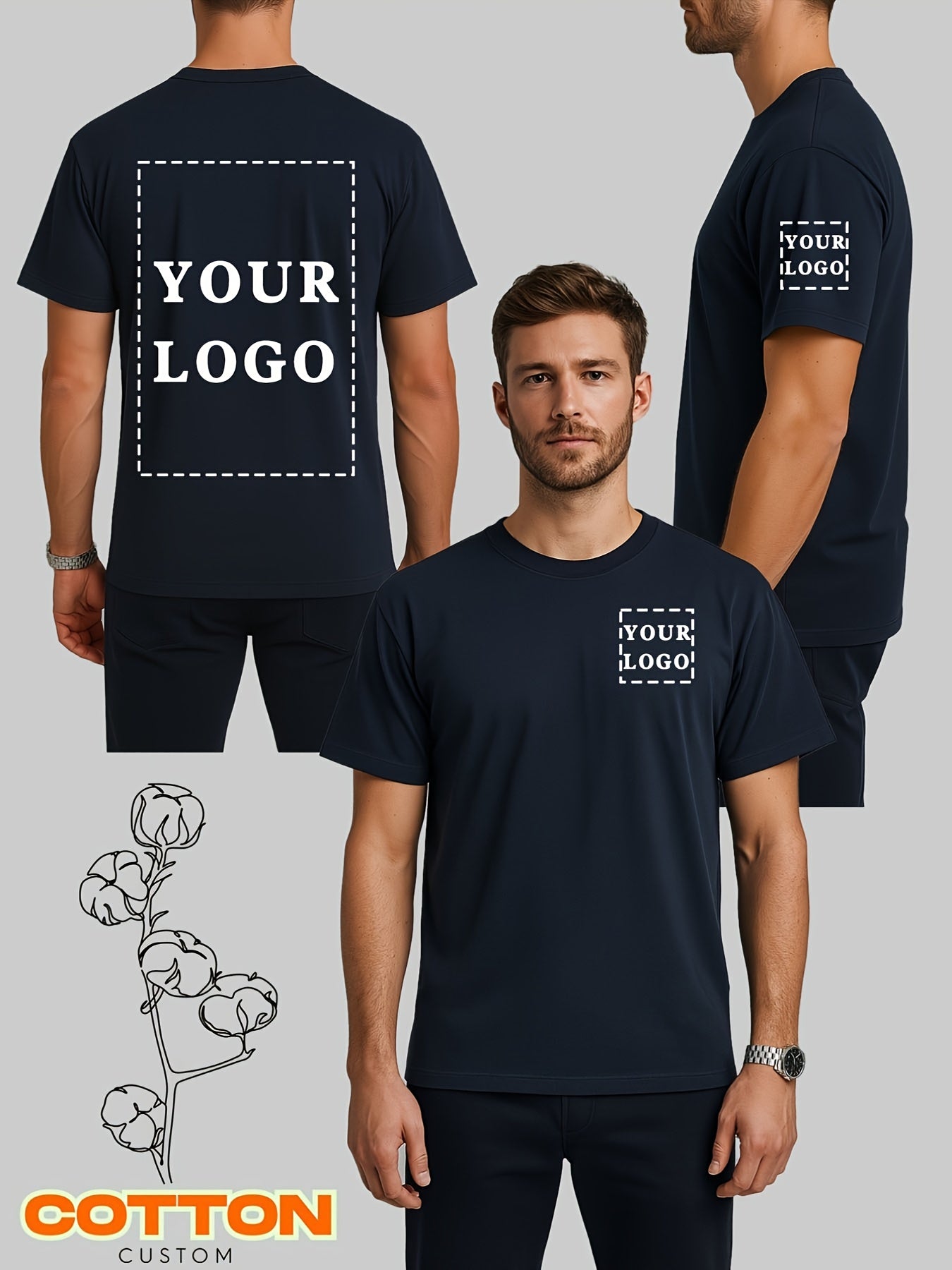 Men's 100% Cotton Custom 3-Section T-Shirt - Personalized Chest, Sleeve & Back Printing with Your Logo/Text/Photo - DIY Short Sleeve Round Neck Casual Summer Shirt for Branding, Events & Casual Attire