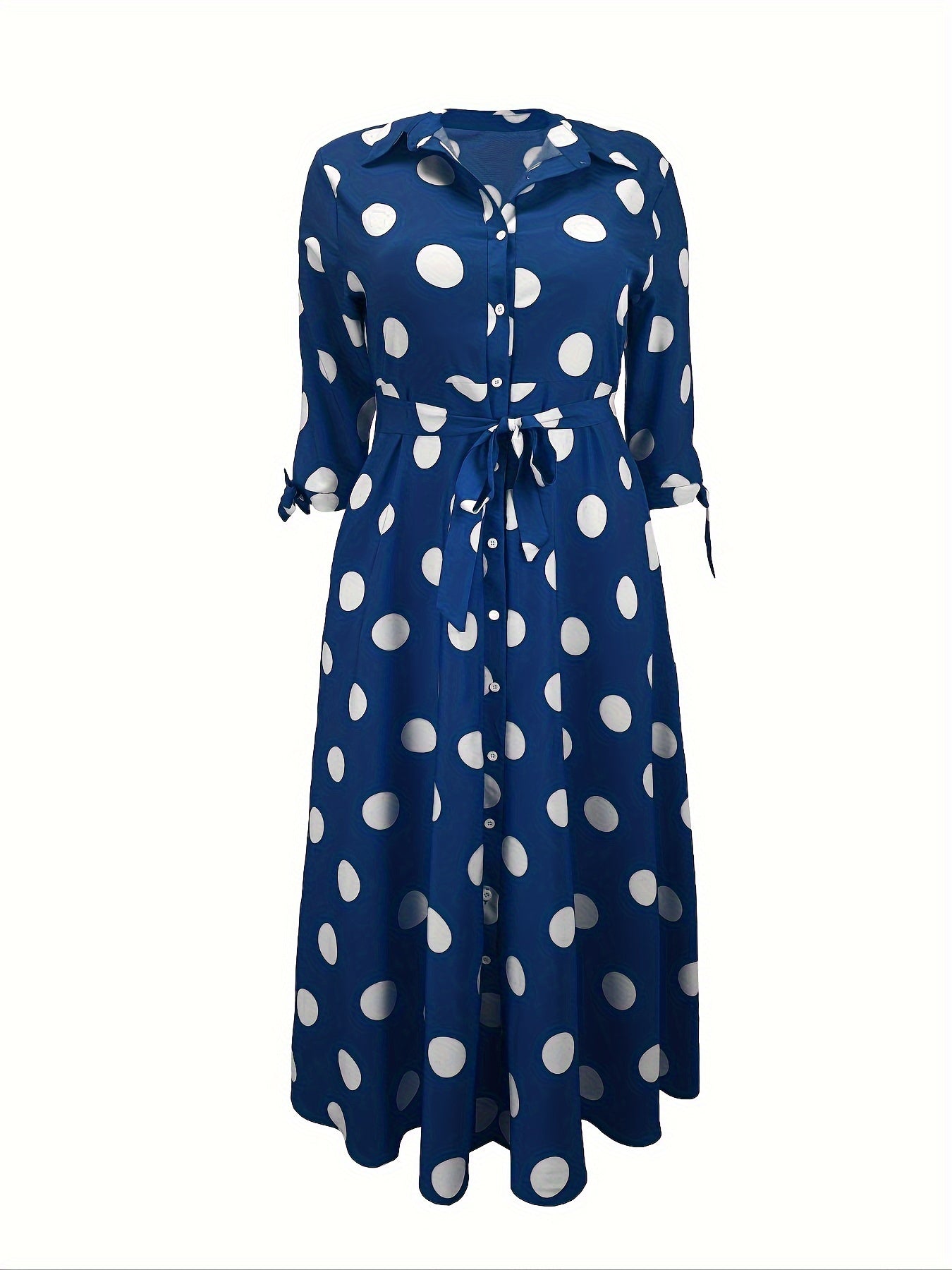 Robe Élégante Grande Taille – Femme, Maxi Robe à Pois, Boutonnée, Col avec Ceinture
