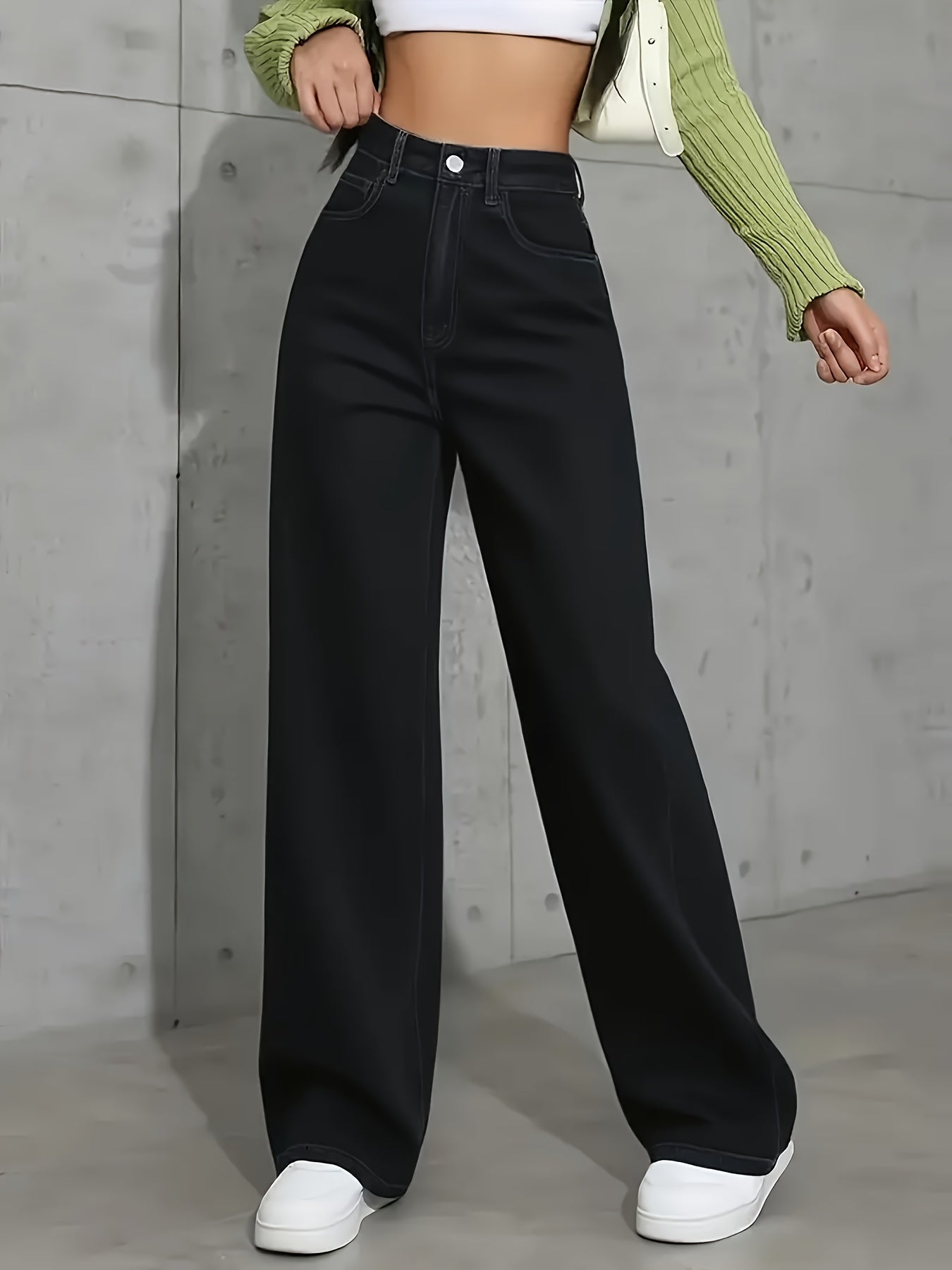 Jeans Femme Taille Haute Jambe Large Extensible Ceinture Élastique Poches Obliques Jambe Droite Noir Toute Saison