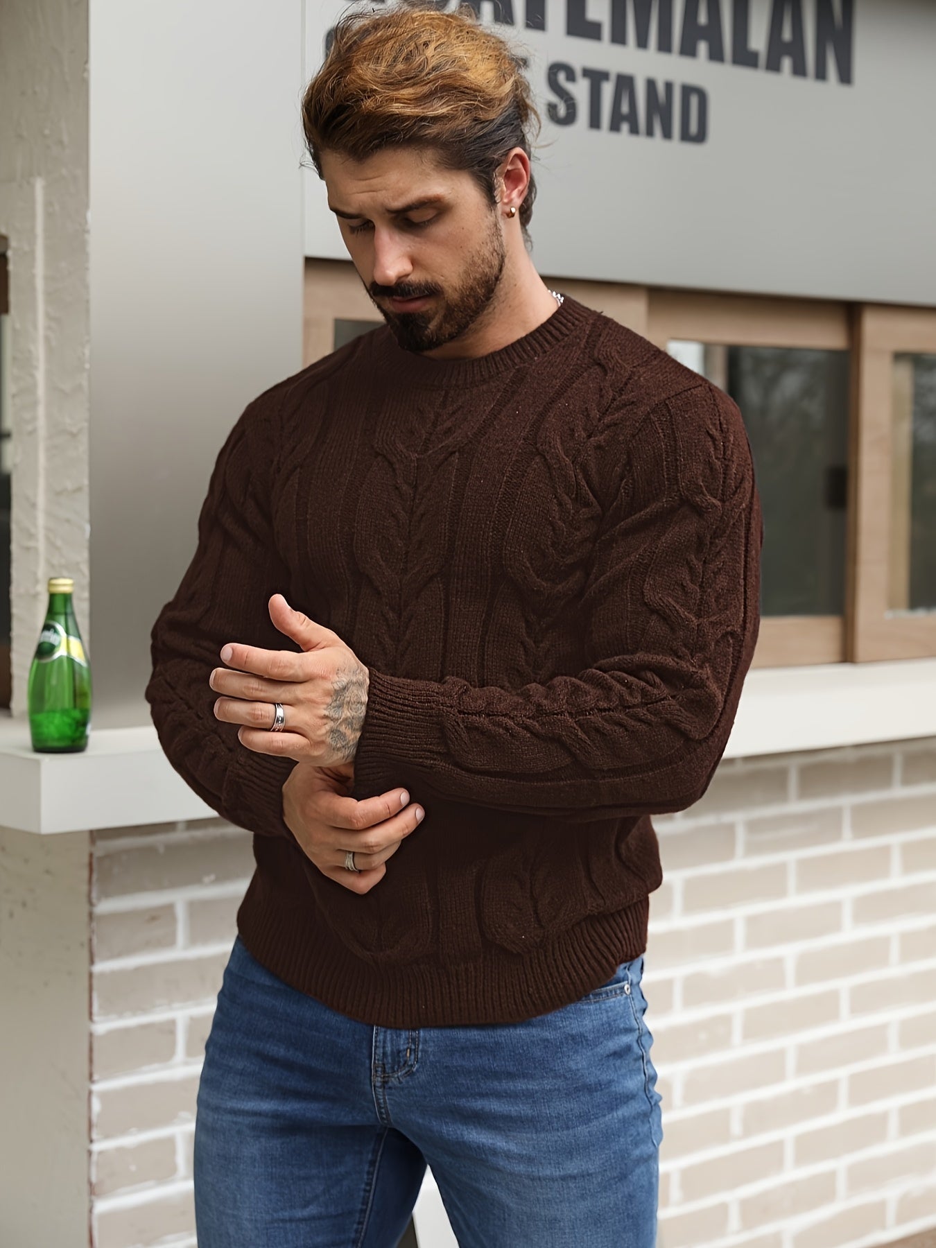Men's Casual Striped Pullover Sweater - Soft Stretch Knit Crewneck Long Sleeve, Machine Washable H-Fit Ribbed Trim for Autumn Winter, Medium Elasticity Fabric