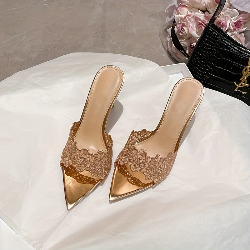 Escarpins Élégants à Talons Aiguilles pour Femme – Champagne, Dentelle, Bout Ouvert, Bride à la Cheville, Talons Ultra-Hauts, Enfilage Facile, Polyvalents Toutes Saisons