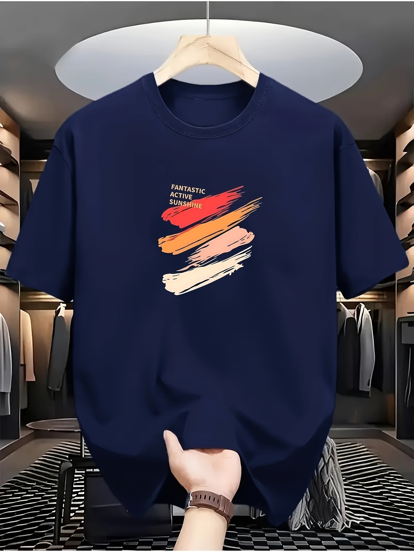 Men's Black T-Shirt - Soft Breathable Crew Neck Tee with Red/Beige/Orange Accent Stripe, Everyday Casual Shirt for Gym, Outings, Parties - All-Season Comfort Fit, Weekend Attire, Sporty Design, Comfortable Material, Short Sle