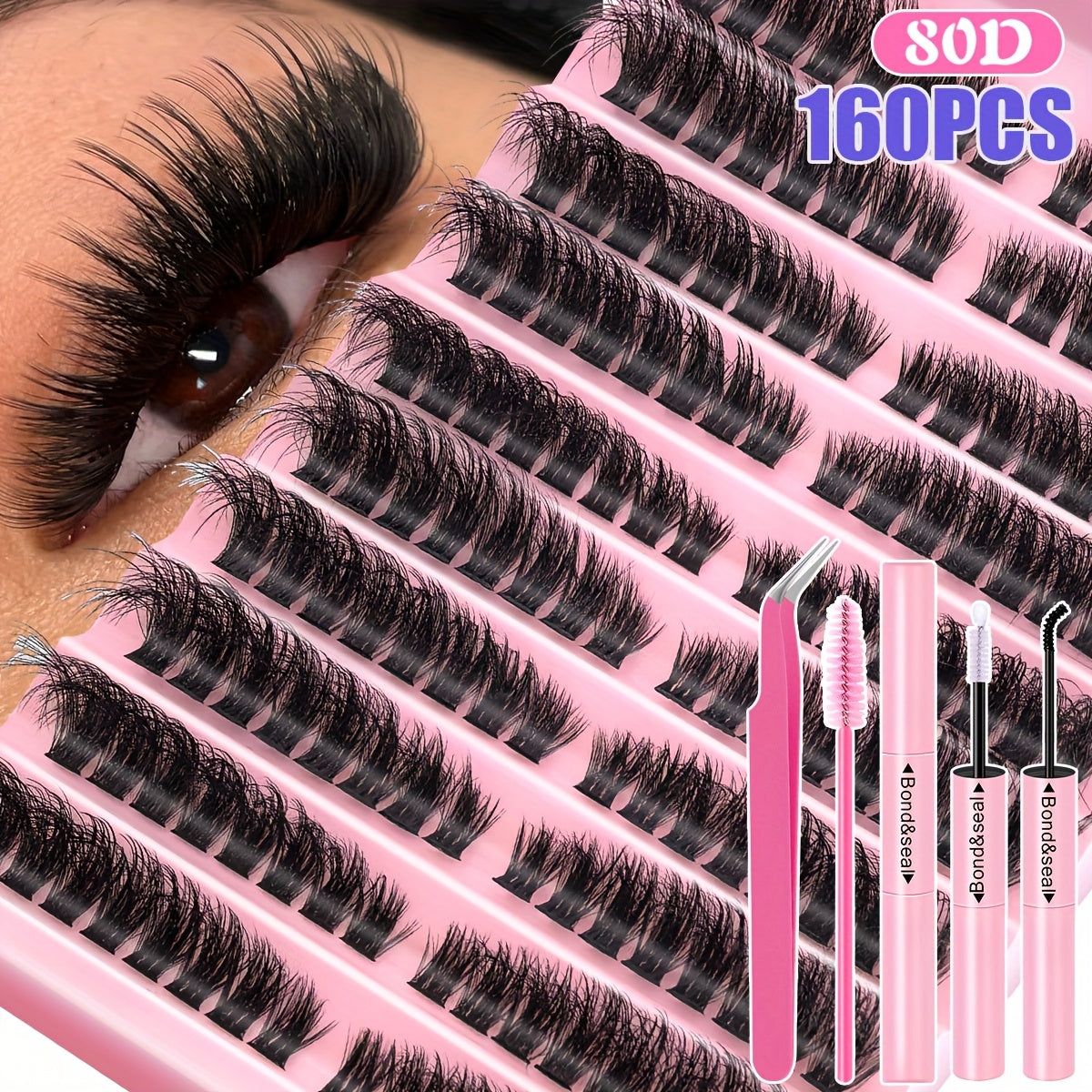 Kit d'extension de cils (160 ou 200 pièces) : extensions de cils volumineuses avec colle et fixateur, pince à épiler, touffes de cils épaisses, cils individuels fins, extension de cils courbée en D (30D, 40D, 80D, 8-16 mm).