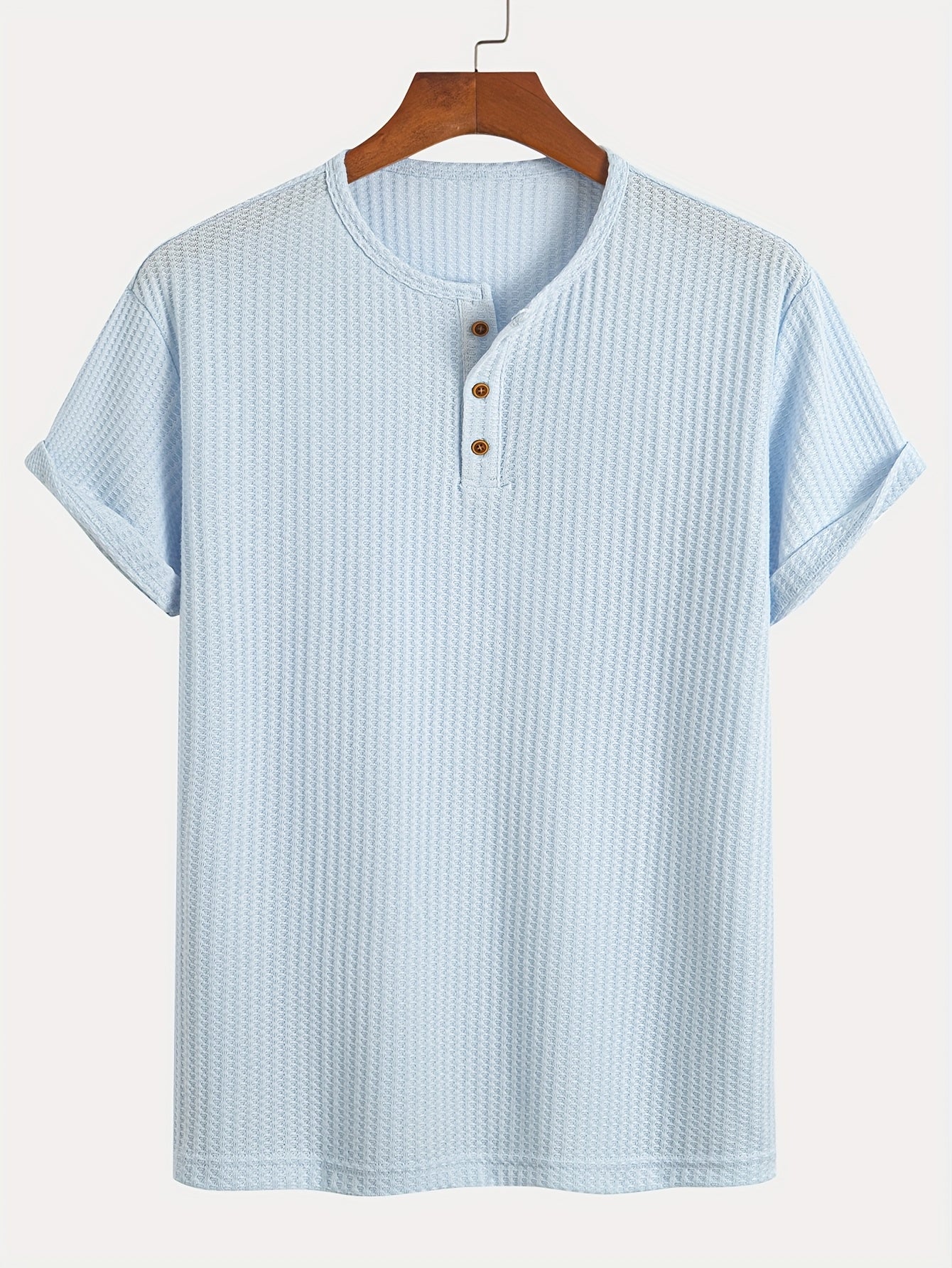 A Summer Short-Sleeve Cardigan T-Shirt with a Fine Check Pattern And Round Neck, Featuring a Knitted Jacquard Texture.