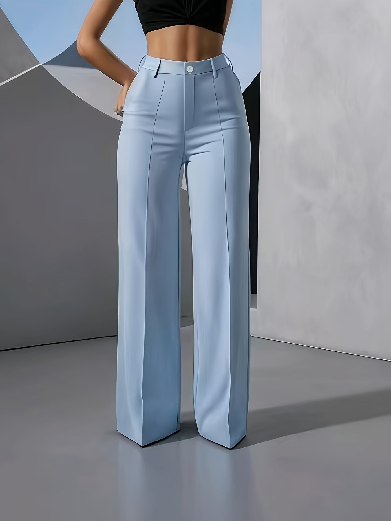 Pantalon Femme Bleu – Jambe Large, Boutons, Sans Ceinture, Résistant aux Plis, Bureau et Semi-Formel