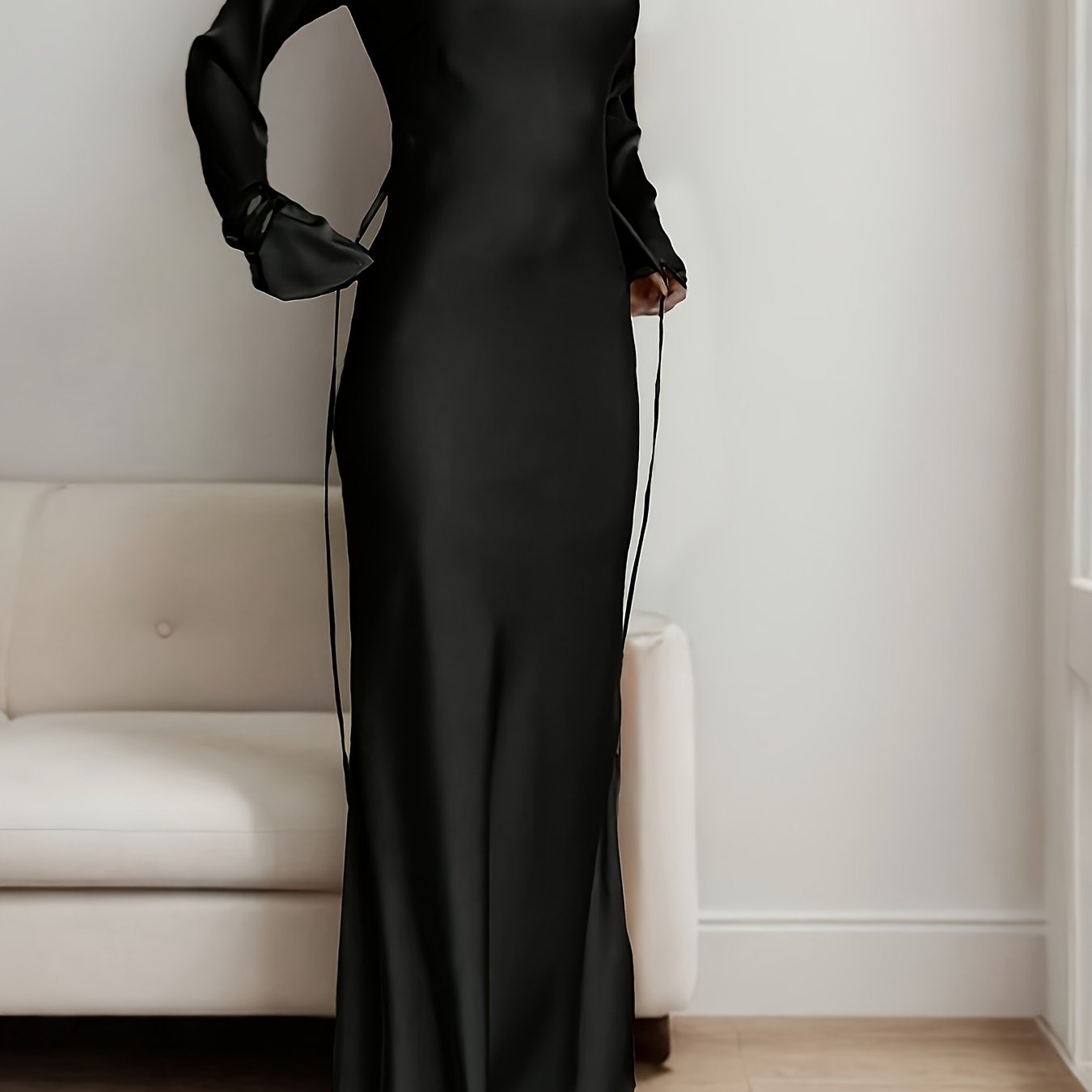 Robe Femme Élégante Manches Longues A-Ligne – Nœud à la Taille, Robe Longue de Soirée, Mariage et Gala, Tenue Sophistiquée Automne/Hiver, Fini Satin, Idéale Événements Formels
