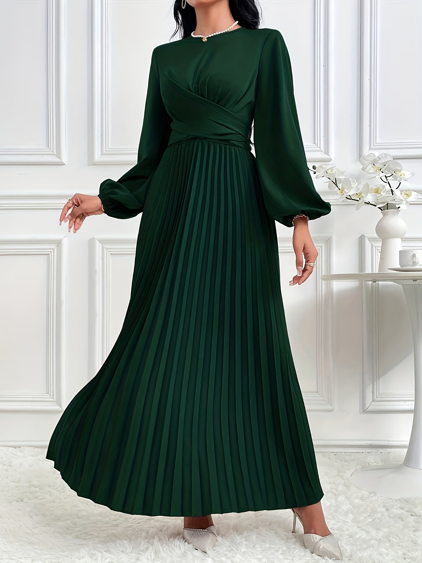 Women's Solid Color Lantern Sleeve Ruffled Elegant Arabic Dress