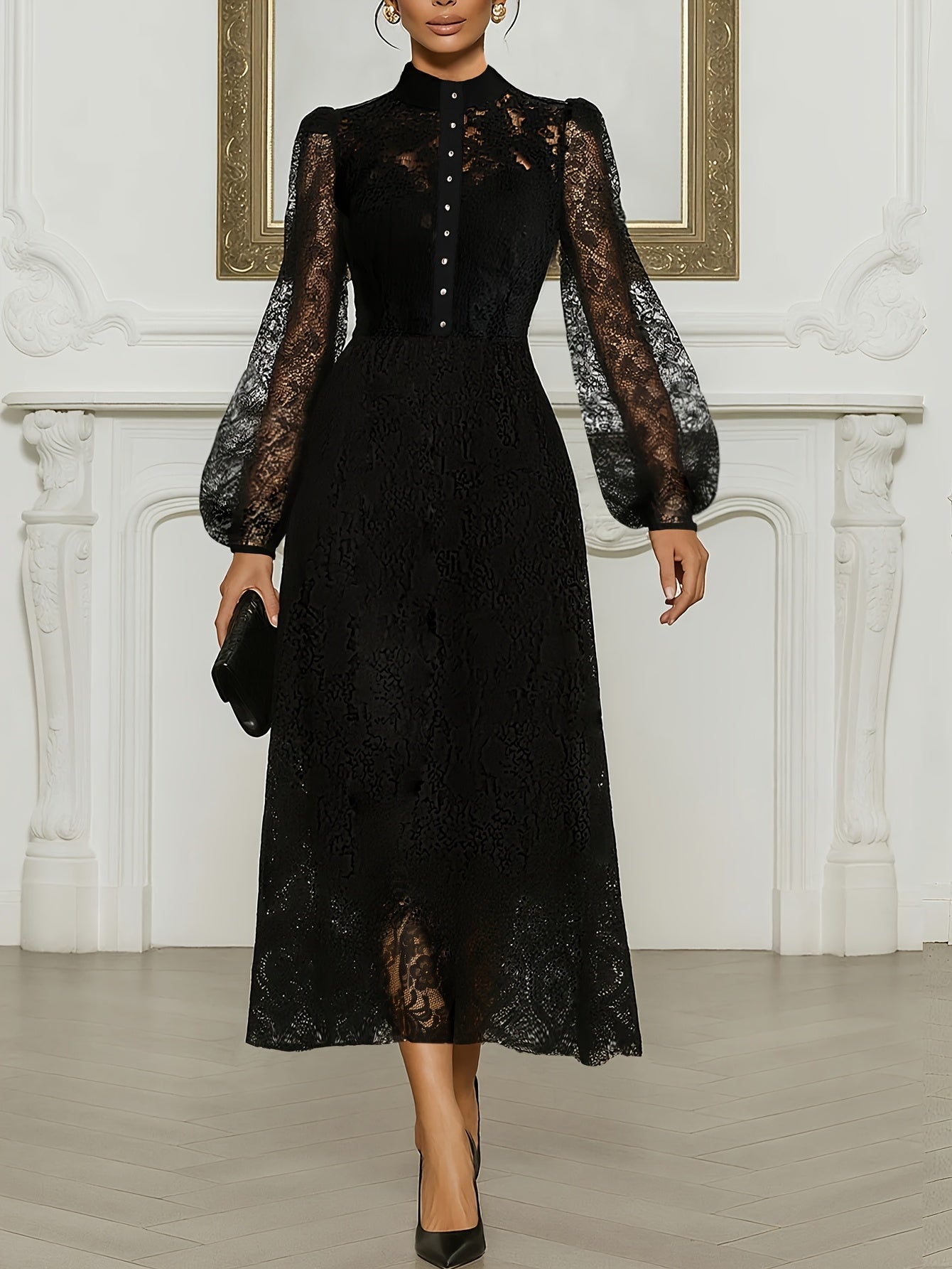Elegant Women'S Long-Sleeve Lace-Trimmed Crew Neck Dress | Spring/Fall Season, Non-Stretch, A-Line Pendulum Style with Zipper Detail