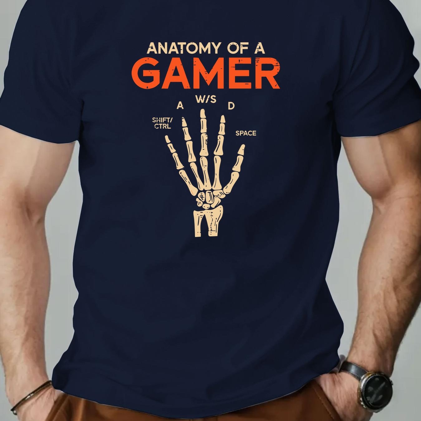 Men's Anatomy of a Gamer Graphic T-Shirt - Black Casual Short Sleeve Summer Tee with Skeleton Hand & Gaming Controls Design, Lightweight Round Neck Regular Fit for Adult Gamers, Gaming Shirt