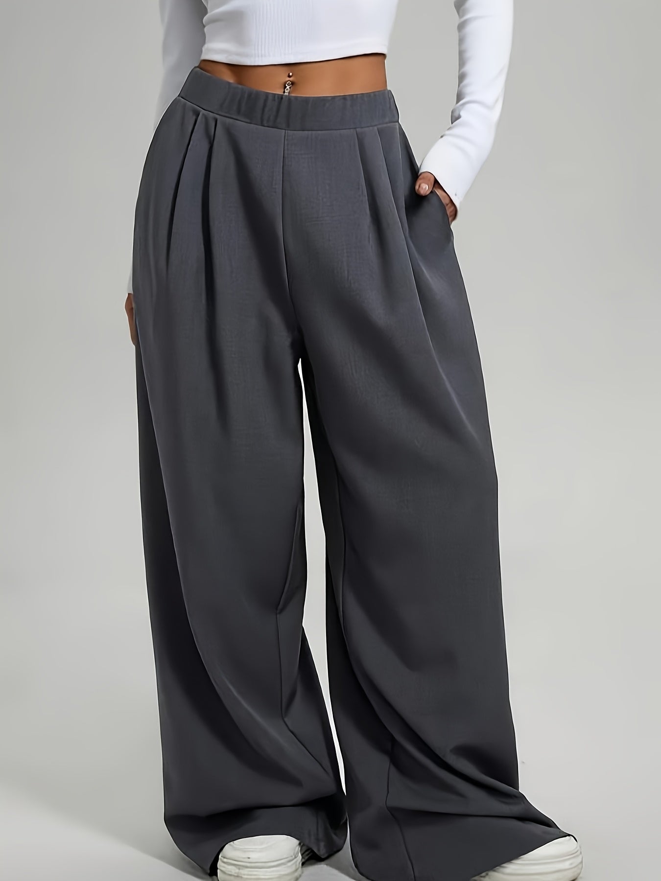 Lot de 2 Pantalons Femme Décontractés – Taille Haute, Ceinture Élastique, Coupe Large, Couleur Unie, Printemps/Été/Automne