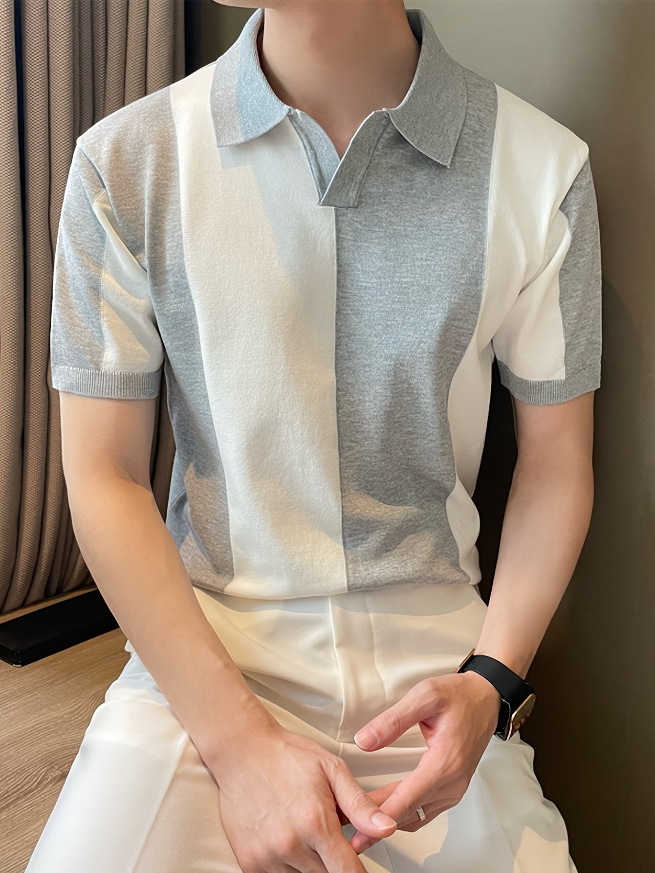 Men'S Casual Short-Sleeve Striped Color-Blocked Knit Polo, a Stylish And Sporty Top Suitable for Summer Golf And Business Attire.