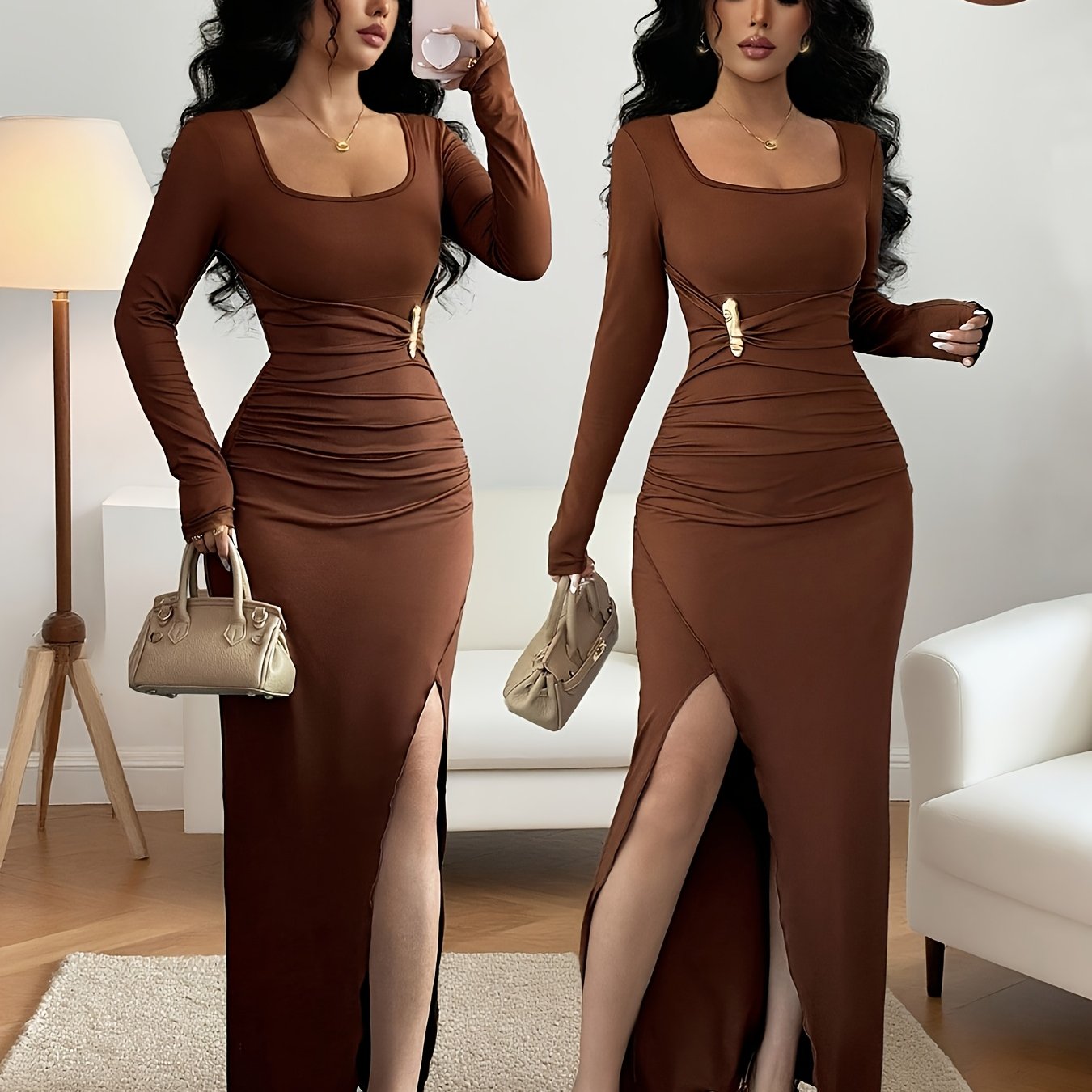 Robe Femme Élégante Haut de Gamme — Col Carré, Manches Longues, Taille Plissée avec Boucle Métallique, Coupe Slim, Ourlet Asymétrique, Robe Mi-Longue Automne, Tenue Classique et Sophistiquée, Robe de Soirée/Formelle pour Femme